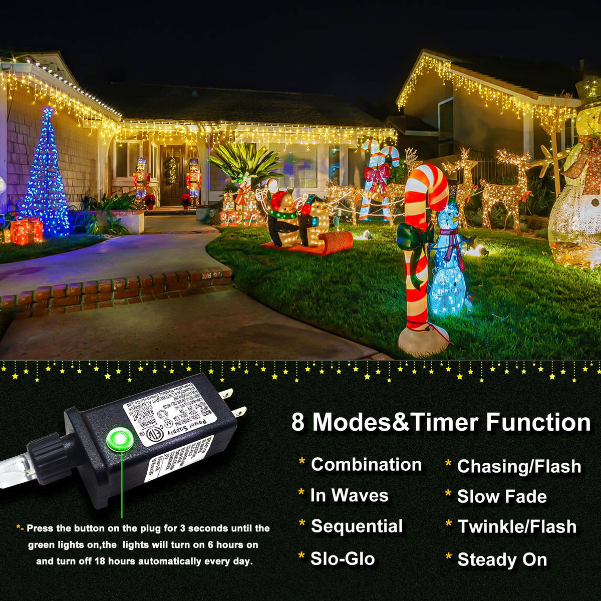 Einiiya Icicle Christmas Lights Outdoor, 66ft 640 LED Icicle Lights for Outside 8 Modes with 75 Drops, Plug in Christmas Light for House Indoor Holiday Wedding Christmas Decorations, Warm White