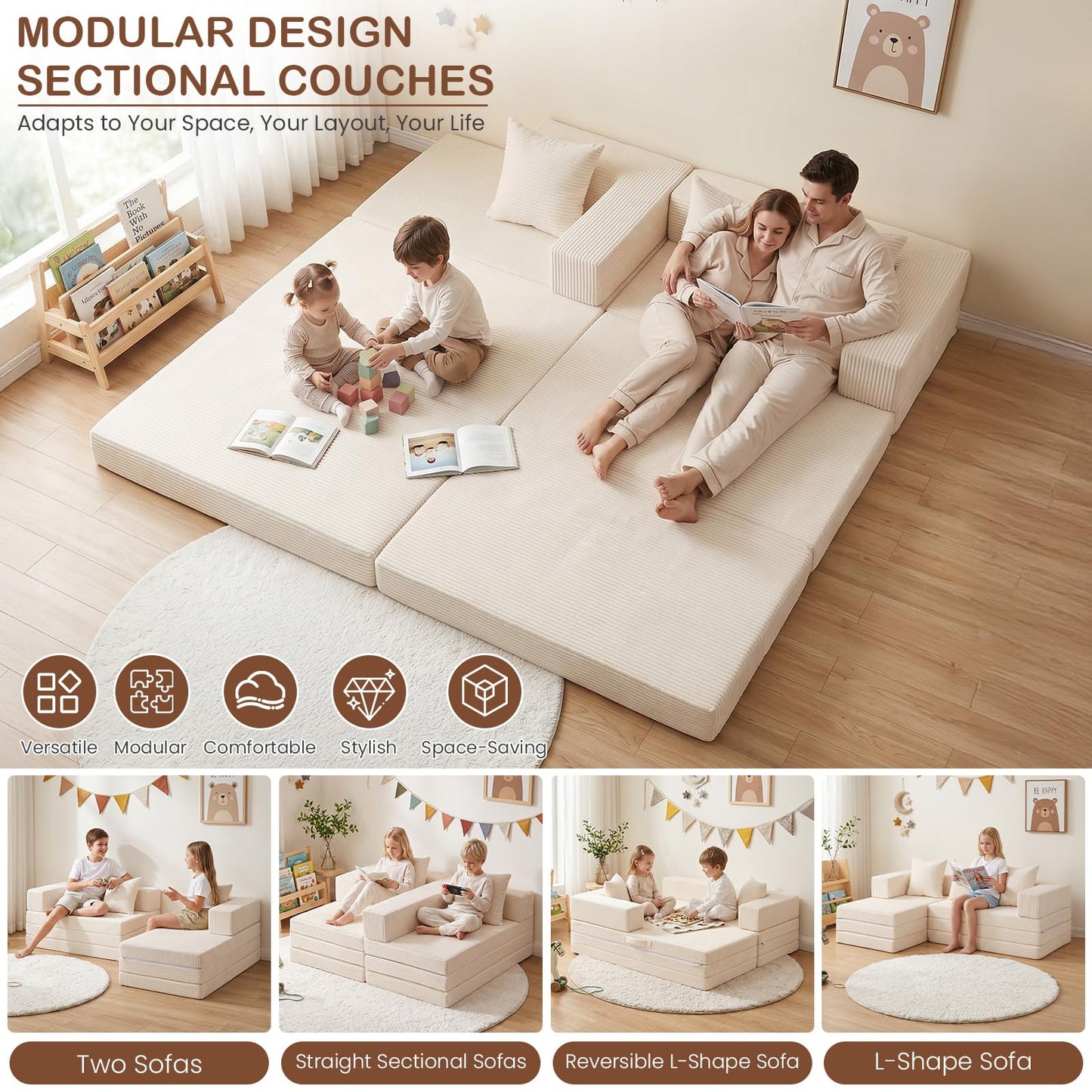 65" L Shaped Couch for Small Spaces, No Assembly Cloud Sectional Sofa with Deep Seat, Left Facing Chaise, 4-in-1 Modular 3 Seater Corduroy Couch for Apartment, Beige