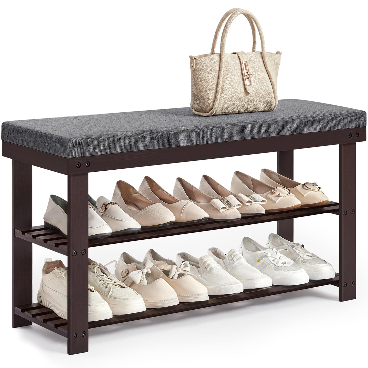 SONGMICS Bamboo Shoe Bench, 3-Tier Shoe Rack Organizer for Entryway, Living Room, Bench Seat Holds Up to 300 lb, 11.9 x 35.4 x 19.2 Inches, Rustic Walnut and Slate Gray ULBS904B32