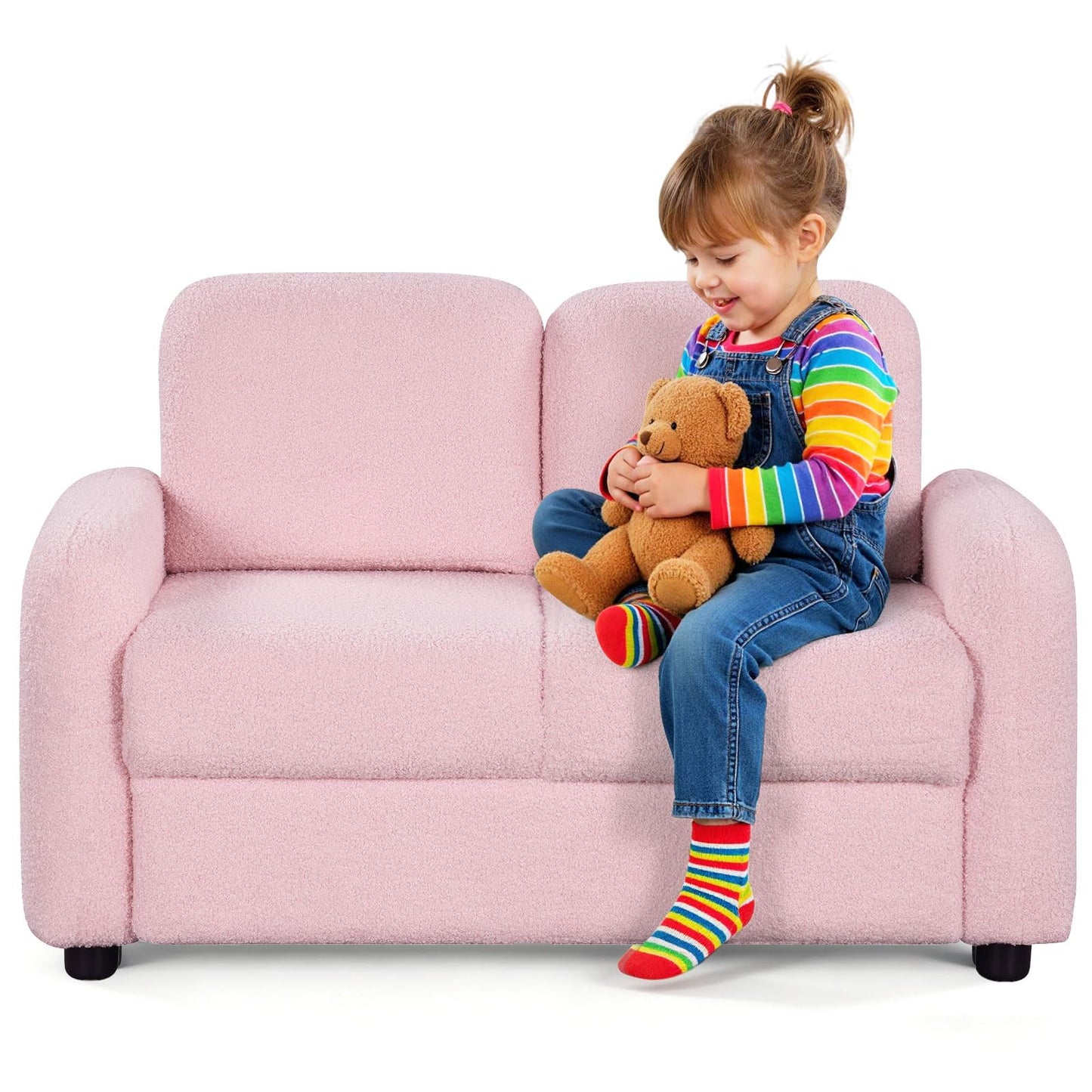 Costzon Kids Couch, 2 Seat Toddler Armrest Chair w/Teddy Fleece Upholstery & Solid Wooden Frame, Double Seat Children's Sofa for Preschool, Bedroom, Playroom, Daycare, Ideal Gift for Girls Boys