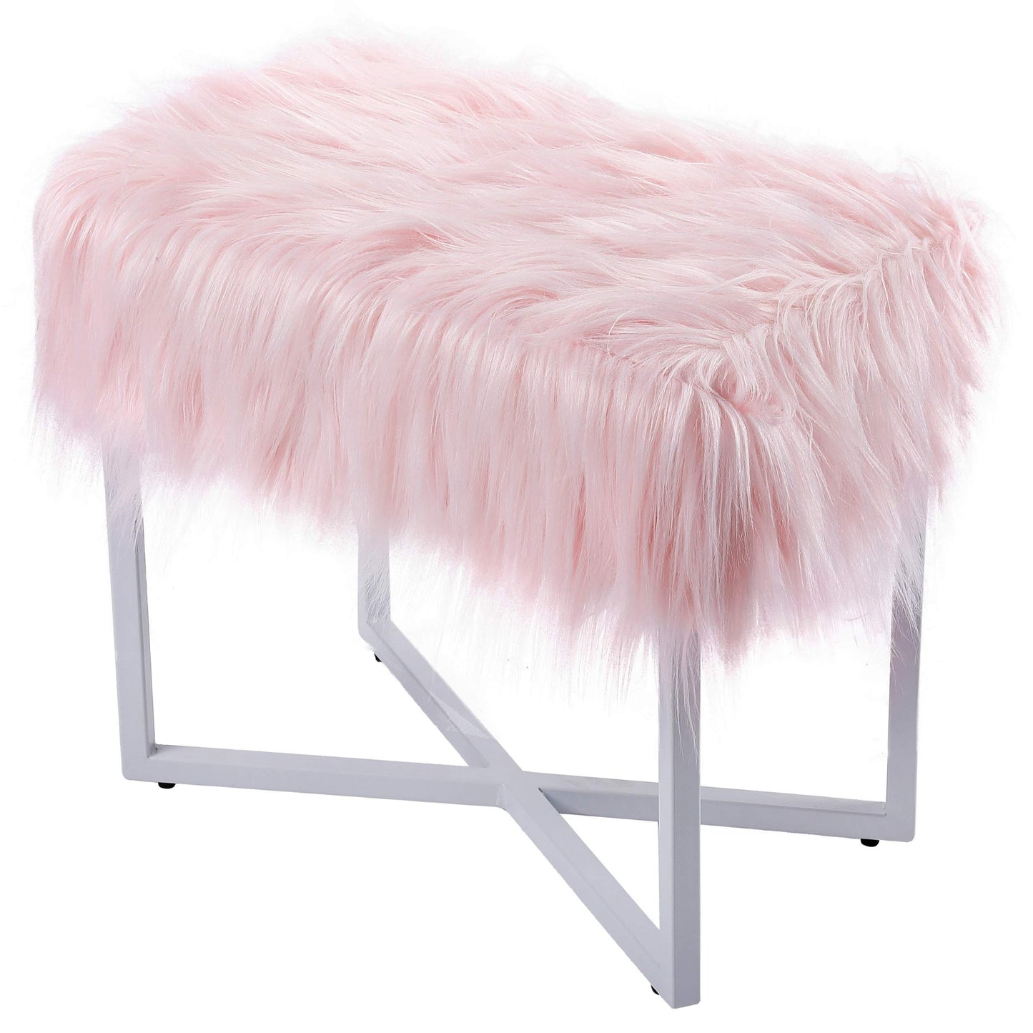 BIRDROCK HOME Rectangular Faux Fur Vanity Foot Stool Ottoman with Metal Legs - Small Soft Padded and Fluffy Makeup Seat or Foot Rest for Bedroom, Desk, or Dressing Table (Pink and White)