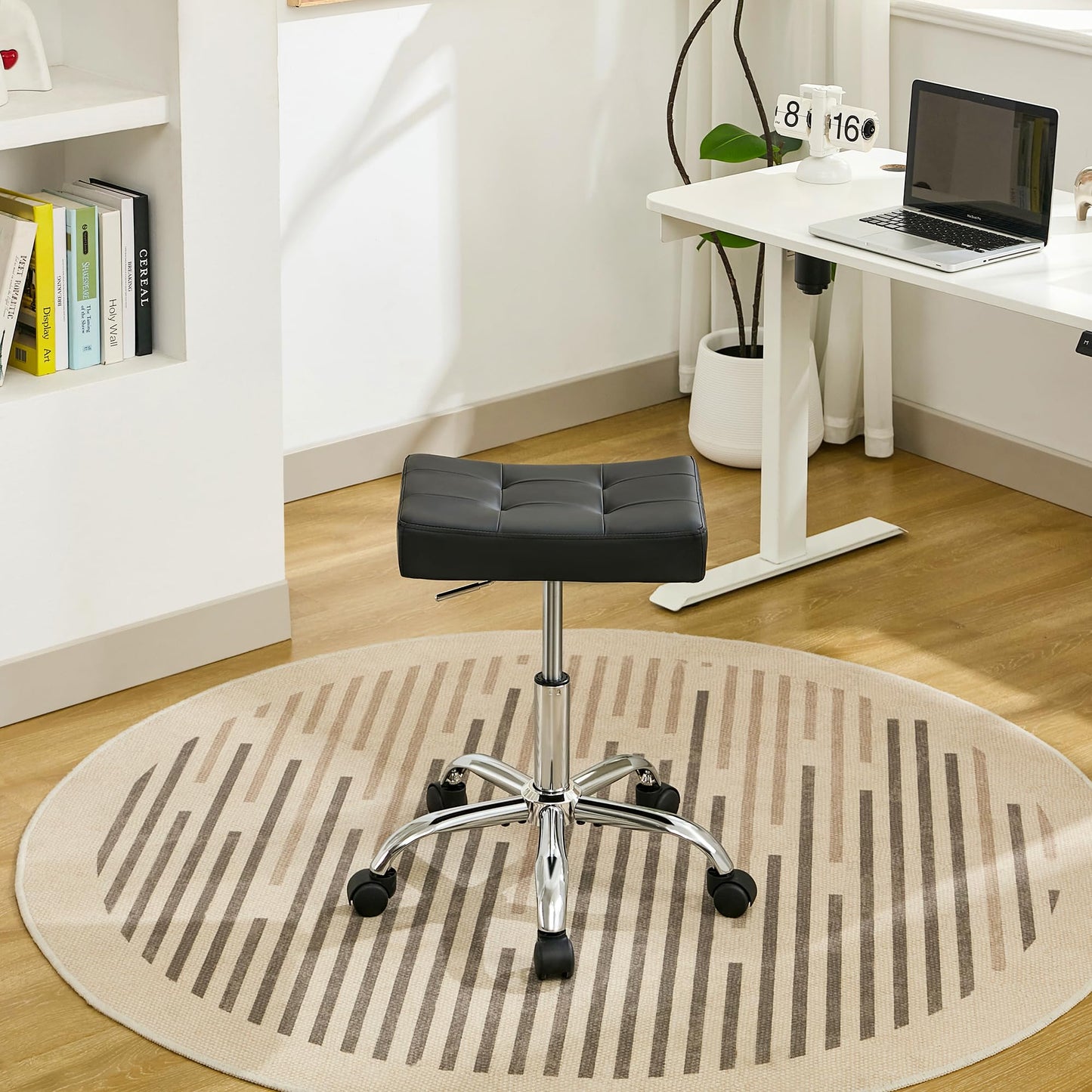 FIRAVOE Office Stool with Wheels (300lbs Capacity) (Adjustable Height 17-21 inch) Black Faux Leather Workbench Stool (Black)