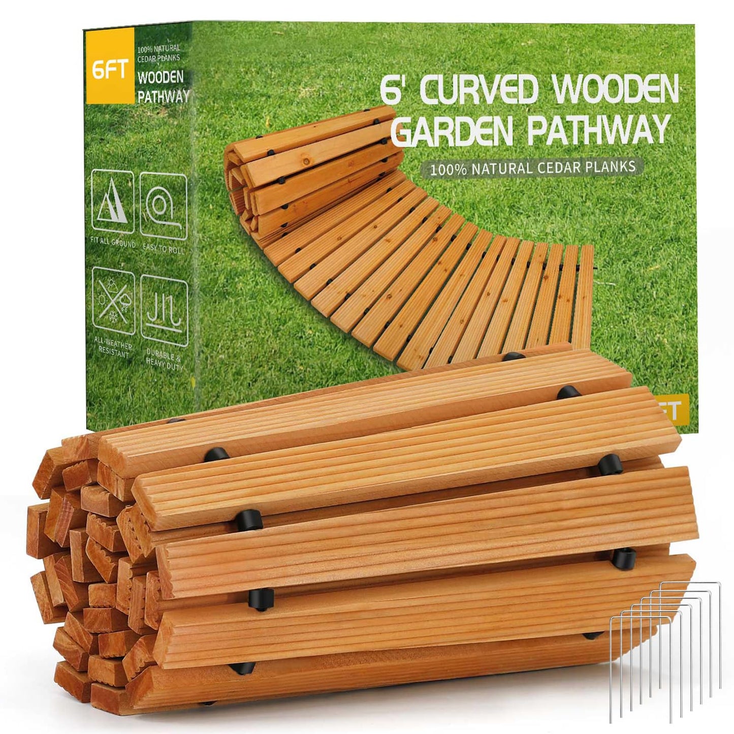 RELIANCER 6' Wooden Garden Pathway,Outdoor Roll Out Cedar Curved Walkway,Patio Path Decorative Garden Boardwalk Walkways,Weather-Resistant Roll Up Beach Wood Road Floor,Wedding Party Pathways
