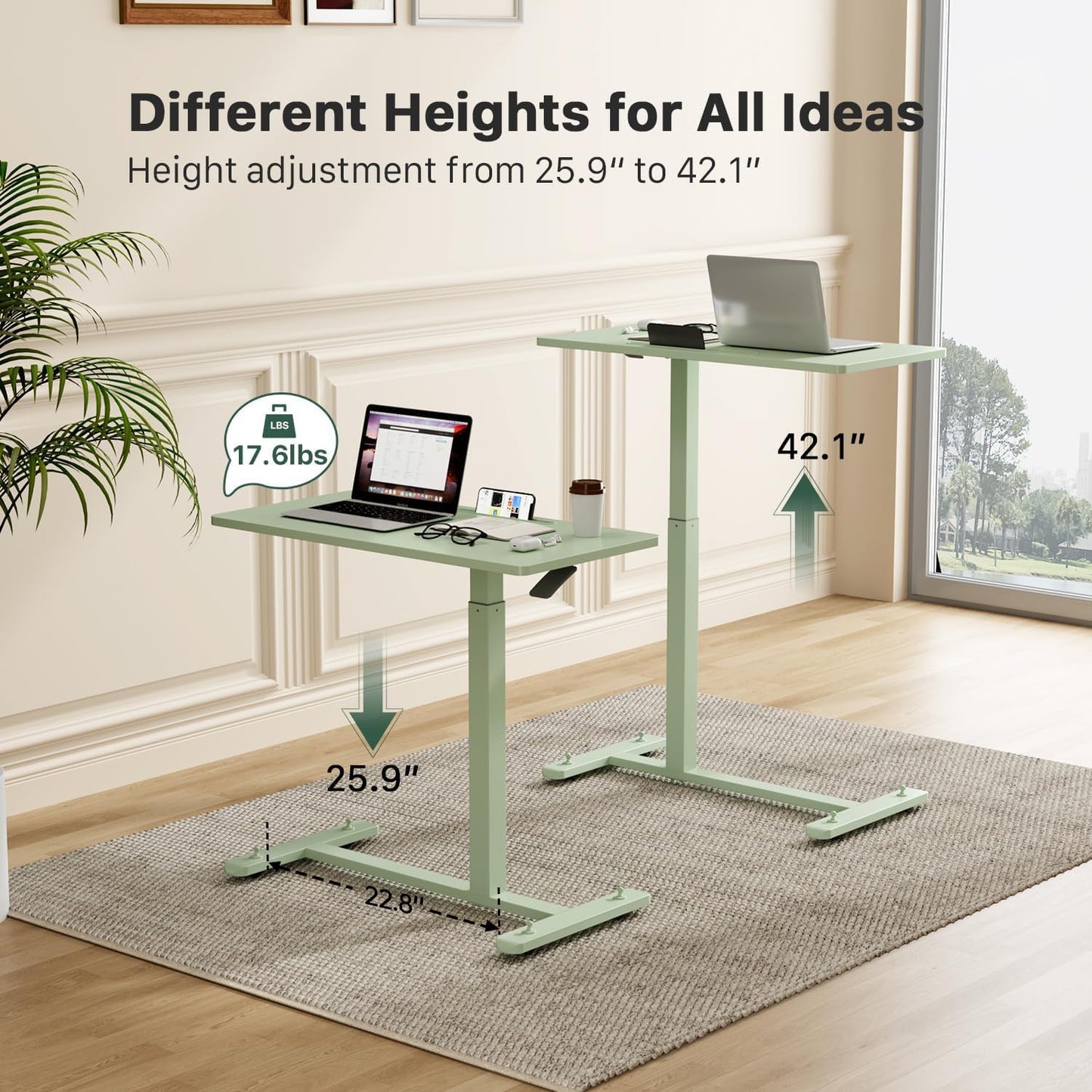 Gibbon Mounts Mobile Standing Desk, Pneumatic Adjustable Rolling Desk(31.5 Inches), Portable Laptop Desk with 4 Lockable Wheels, Overbed Bedside Table Laptop Table for Couch, Home, Office, Green