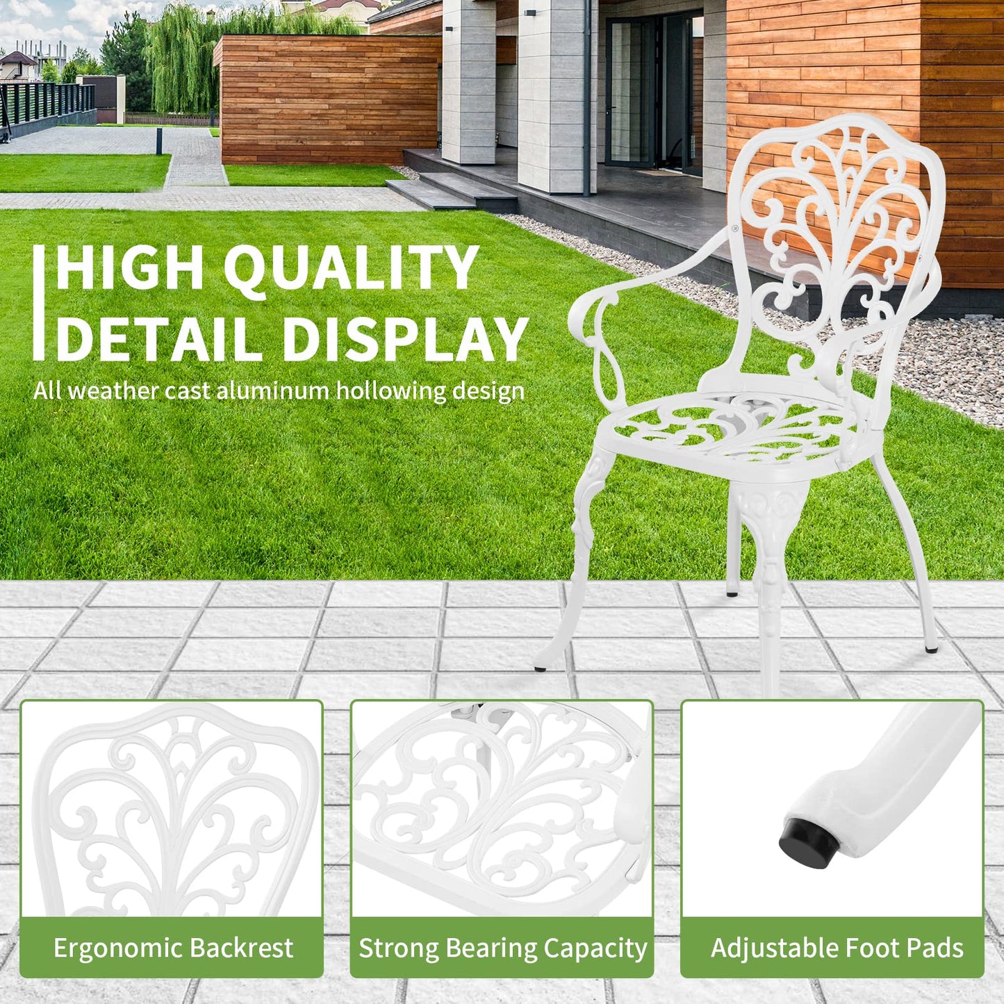 Withniture Patio Bistro Set 3 Piece Cast Aluminum Outdoor Bistro Set, Rust Resistance Bistro Table and Chairs of 2 with Umbrella Hole, Small Patio Set for Garden Outside, White