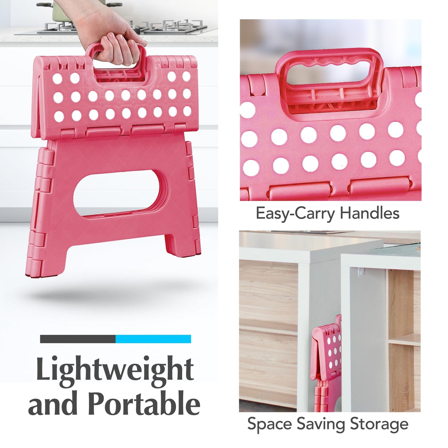 Handy Laundry Folding Lightweight Step Stool - Sturdy Enough to Support Adults - Opens Easy with One Flip - Great for Kitchen, Bathroom or Bedroom (Pink - 9 Inch)