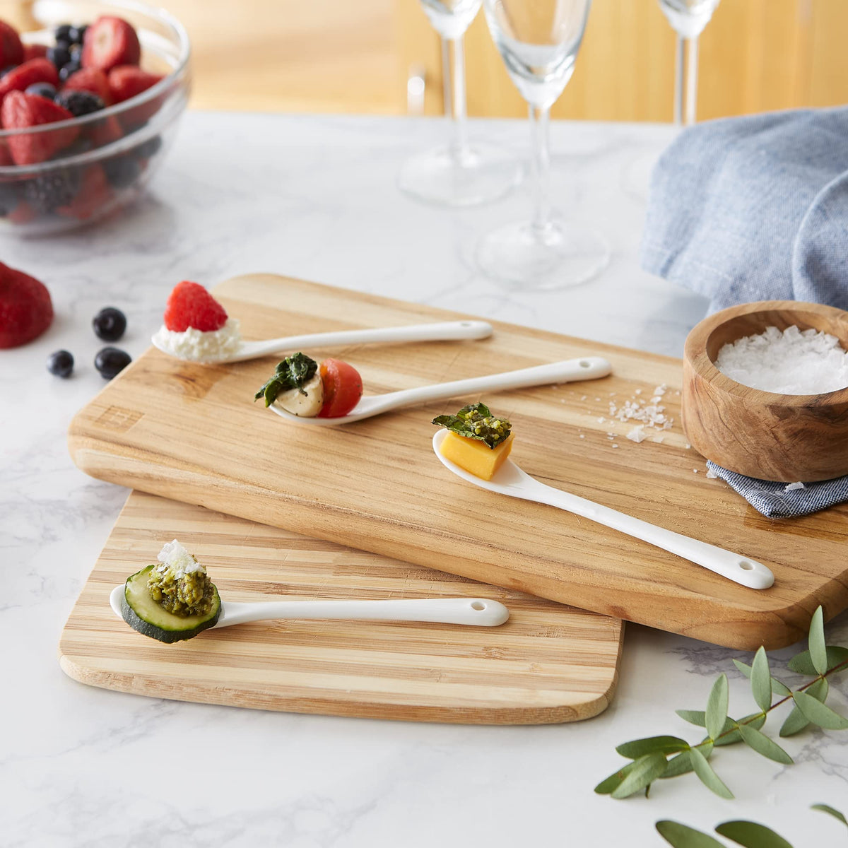 RSVP International Poached Egg Spoon, 4 Piece Set Multipurpose Use for Serving Jam, Honey or Soft Boiled Eggs, 5.5" Length, White Porcelain