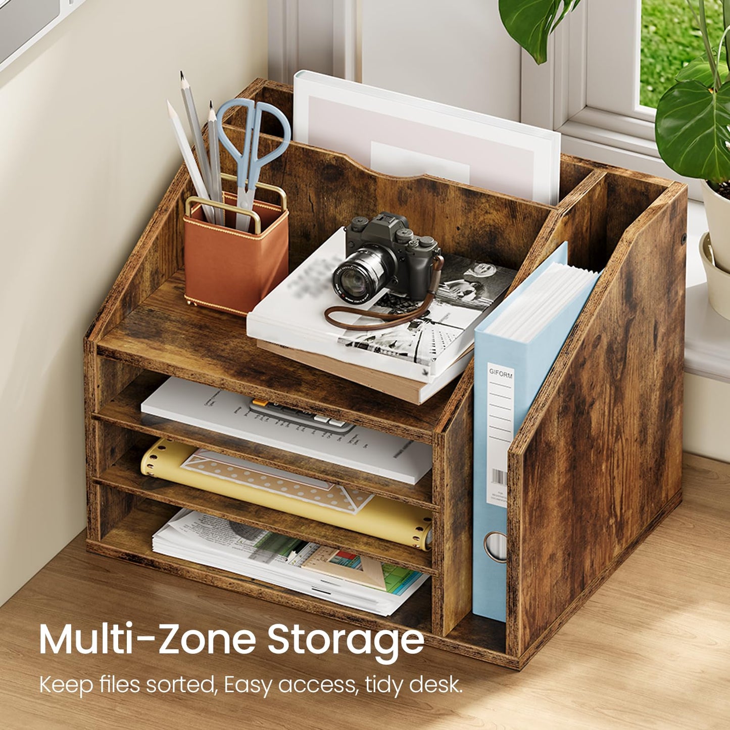 CHOEZON Wooden Desk Organizer and Wooden Desktop File Organizer Bundle, Desktop File Holder for Home Office, Easy Assembly, Rustic Brown, MWJ04FG-MWJ06FG