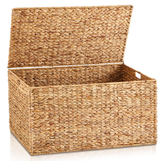 Wonderjune 36 x 20 x 18.5 Inch Water Hyacinth Wicker Storage Trunk with Metal Frame, Heavy Duty Storage Chest with Lid Large Rattan Basket for Blankets, Seasonal Clothes, Extra Bedding (Natural)