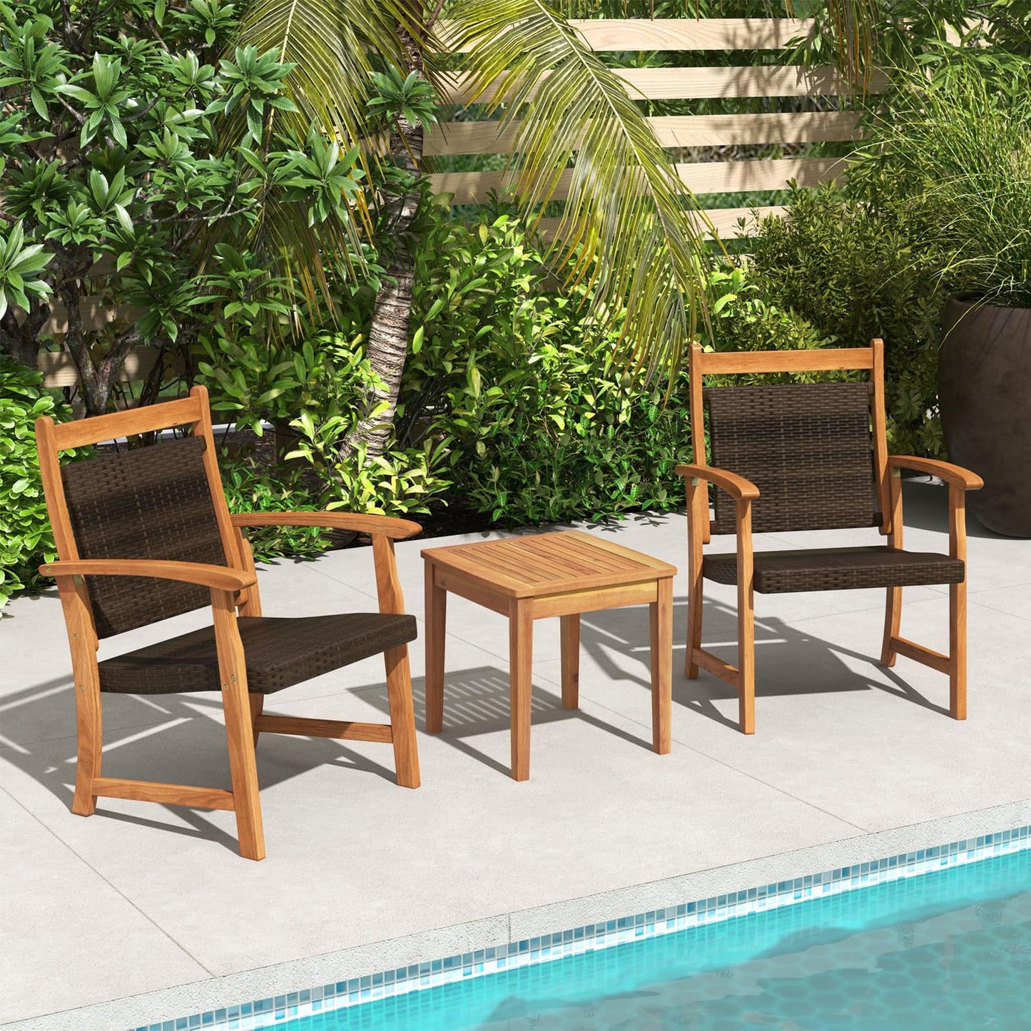 HAPPYGRILL 3 Pieces Rattan Wood Bistro Set, Patio Wicker Chairs Set with Acacia Wood Side Table, Outdoor Sofa Furniture Set for Yard Garden Porch Poolside
