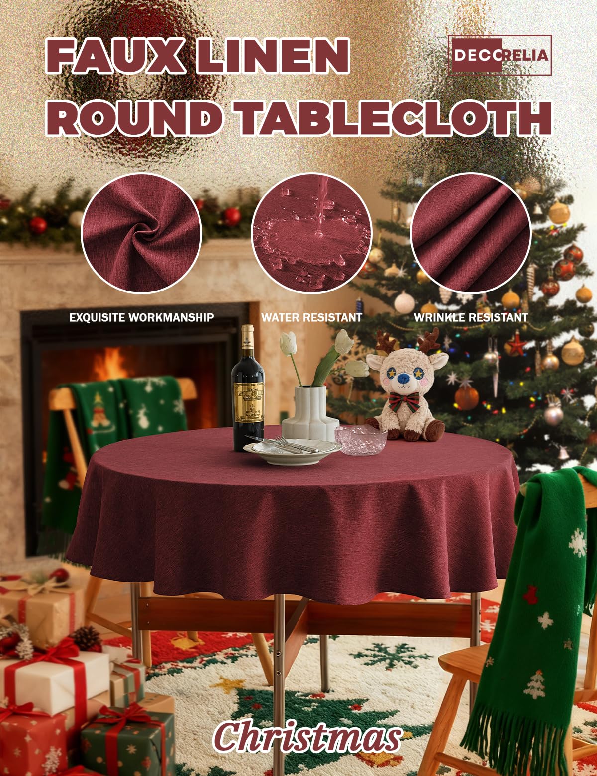 Decorelia Christmas Red Waterproof Round Table Cloth for Round,Decorative Farmhouse Tablecloths Table Cover for Holiday,Banquet,Dining& Kitchen (60 Inch,Round (2-4 Seats,Burgundy)