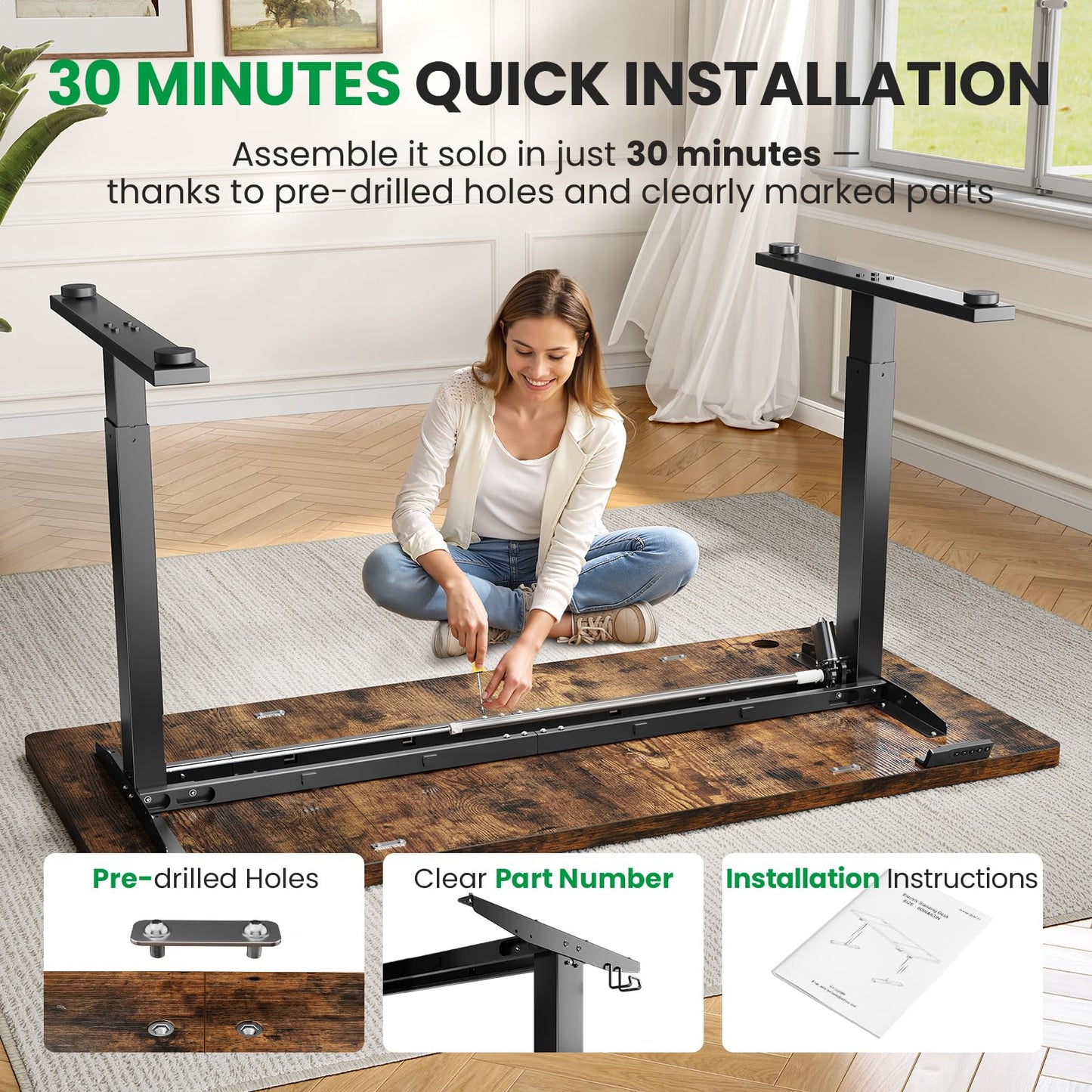 DeskShow 1 Inch Thick Tabletop Electric Standing Desk Adjustable - 60x28 Inch Sit Stand Desk, Double Beam Frame, 3 Memory Height Adjustment, Cable Management for Home Office