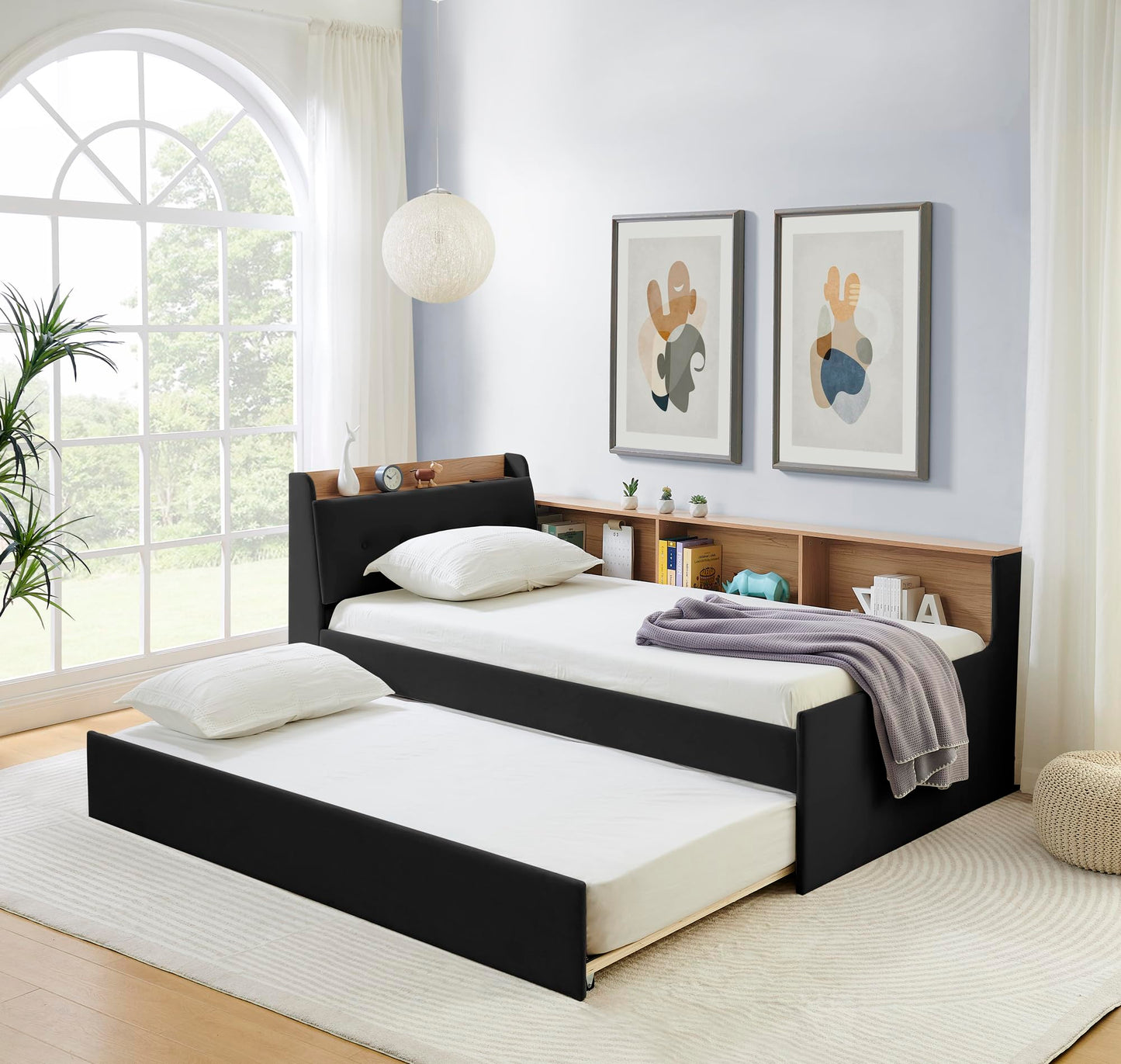 Twin Size Upholstery Velvet Height Adjustable Day Bed with Storage Headboard and Wireless Charging, Multi-Functional Daybed with Trundle Bed & LED Lights, Black