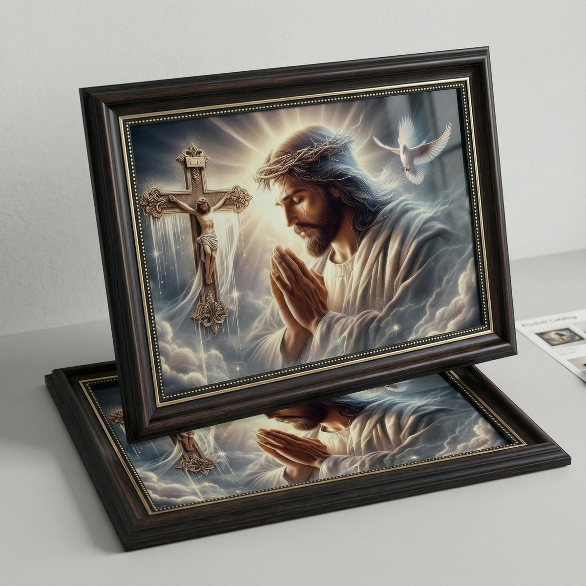 Dark Brown Framed Jesus Praying Canvas Wall Art Good Friday Wall Decor Picture Christian The Cross Carrier Pigeon Poster Print Painting for Church Prayer Room Living Room Bedroom Home Decoration