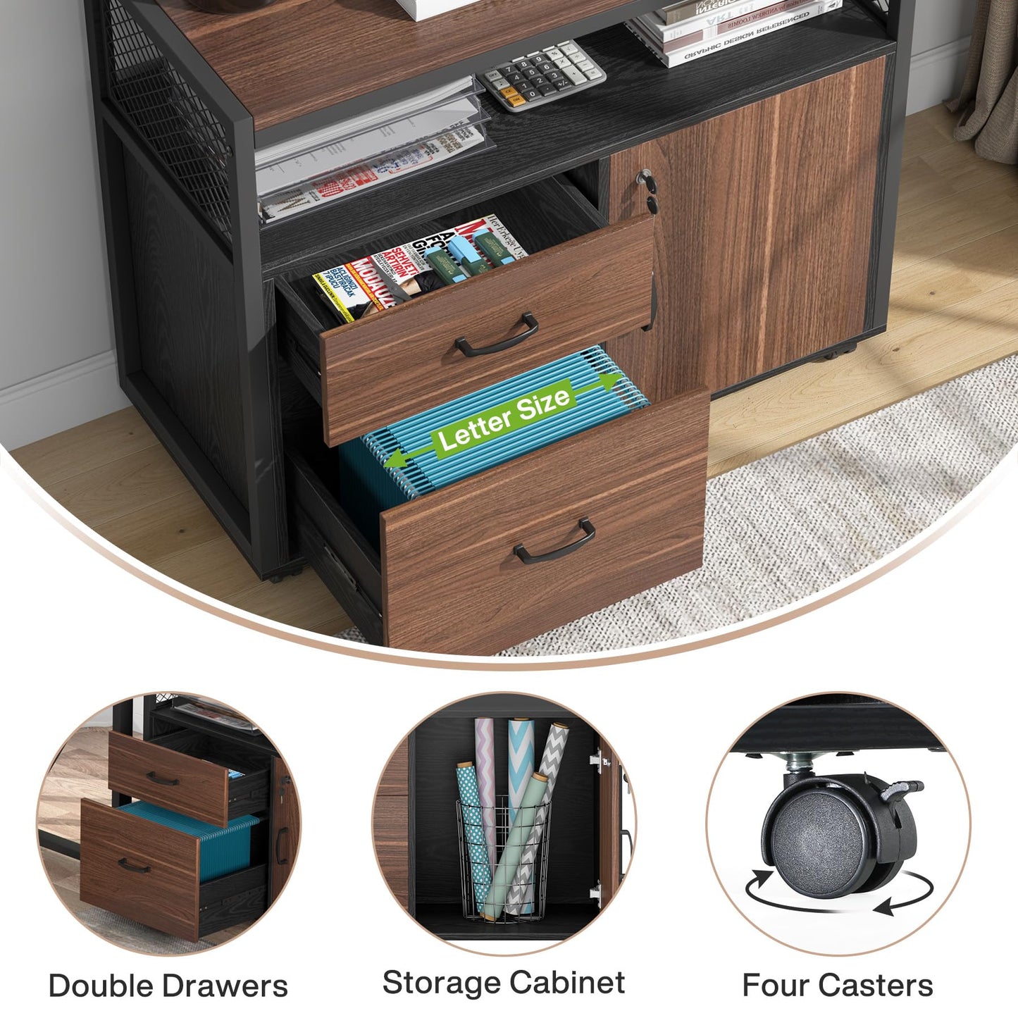 Tribesigns Modern File Cabinet with Drawers for Letter-Sized File and Door, Lockable lateral Filing Cabinet Printer Stand with Storage Shelves and with Rolling Caster for Home Office (Dark Walnut)