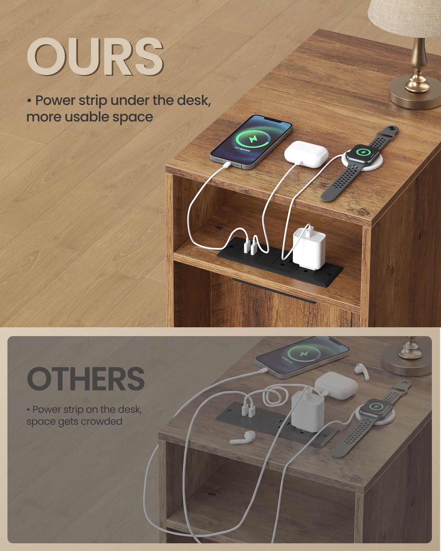 VASAGLE MAEZO Collection - End Table with Charging Station, Narrow Side Table, Nightstand with Tapered Legs, Curved Transitions, for Small Spaces, Living Room, Bedroom, Honey Brown ULET329K101S