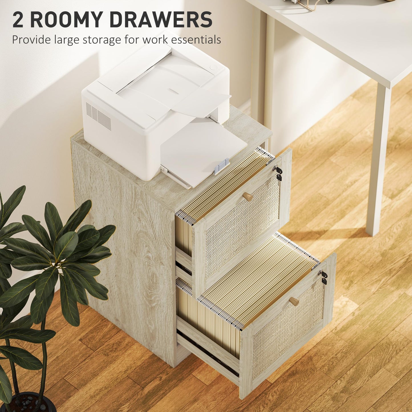 HOMCOM 2 Drawer File Cabinet with Lock, Boho Vertical Filing Cabinet for A4 Letter Size Files, Printer Stand with Decorative Rattan Accents for Home Office, Oak