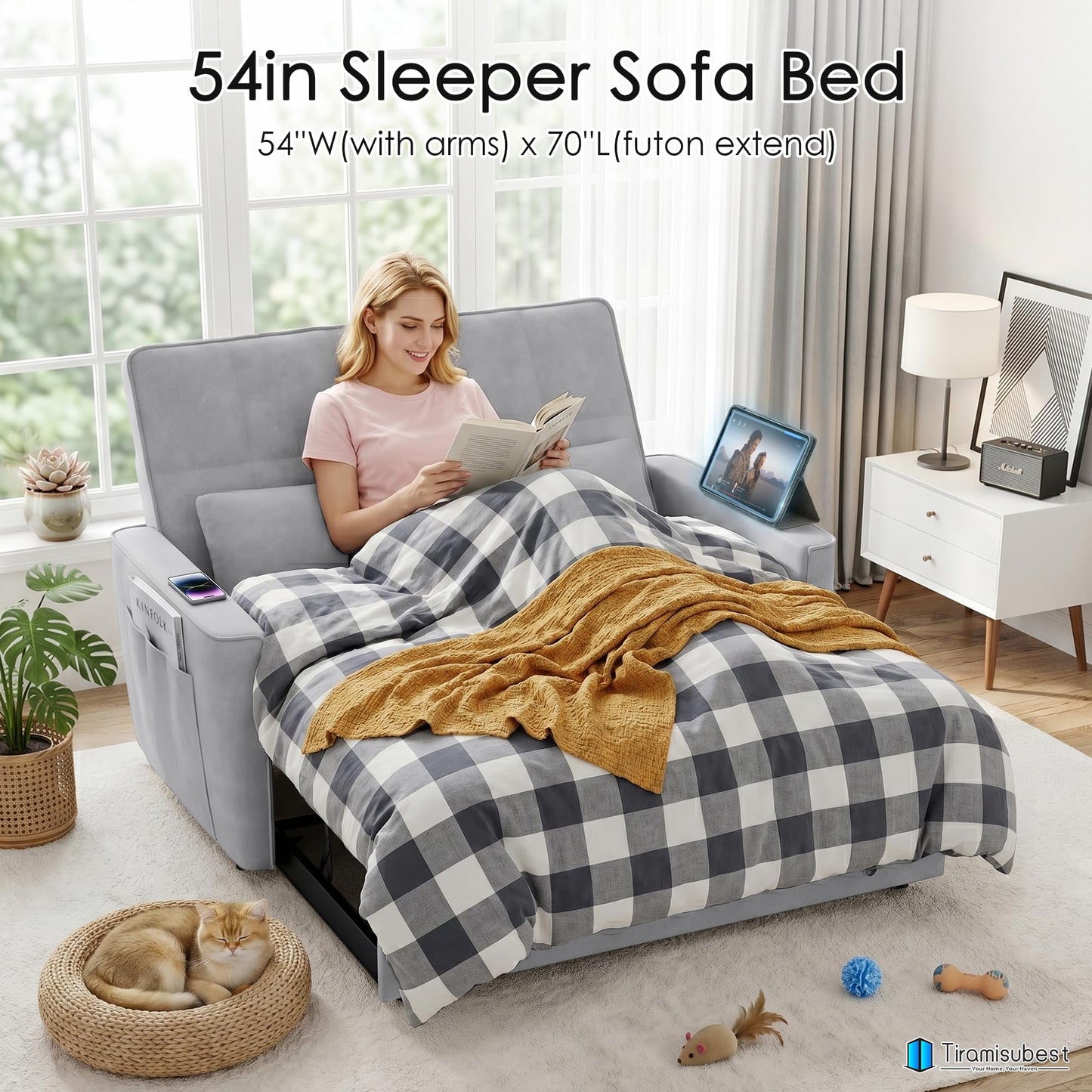 tiramisubest 54'' Sleeper Sofa Bed, Convertible Pull Out Couch Futon for for Living Room,Apartment (Ashgrey, Loveseat) Side Pockets, Velvet Fabric, Adjustable Backrest, Pull-Out Bed, Easy Assembly