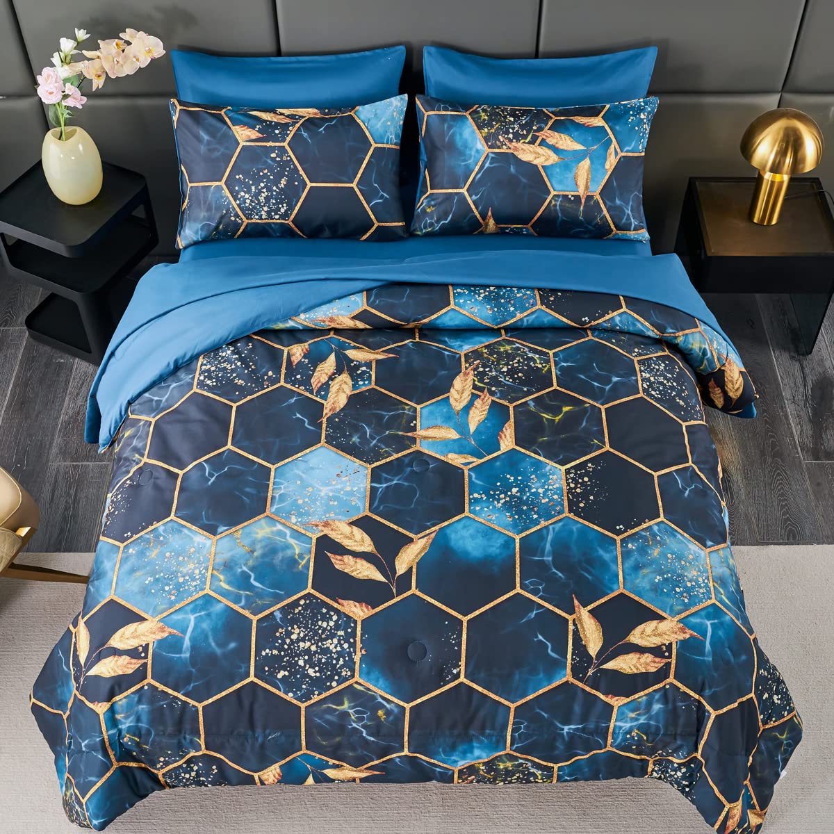 ZRNBAST 7 Pieces Royal Blue Comforter Set Queen Honeycomb Geometric Marble Bed Comforter Queen Set Lightweight Dark Blue Bed in A Bag (Royal Blue, Queen)