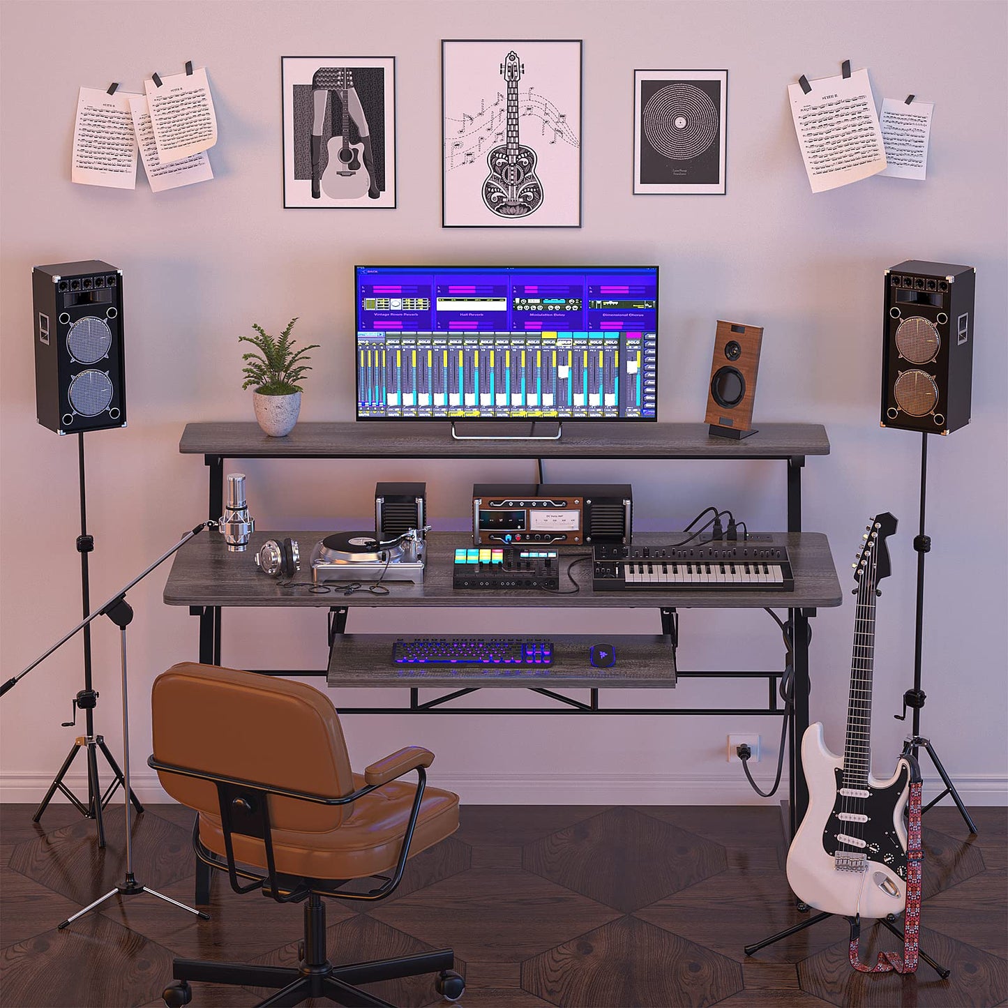 Armocity Music Studio Desk, Music Production Workstation with Power Outlets, Recording Studio Table Desks Music Producer for Home, Grey Oak