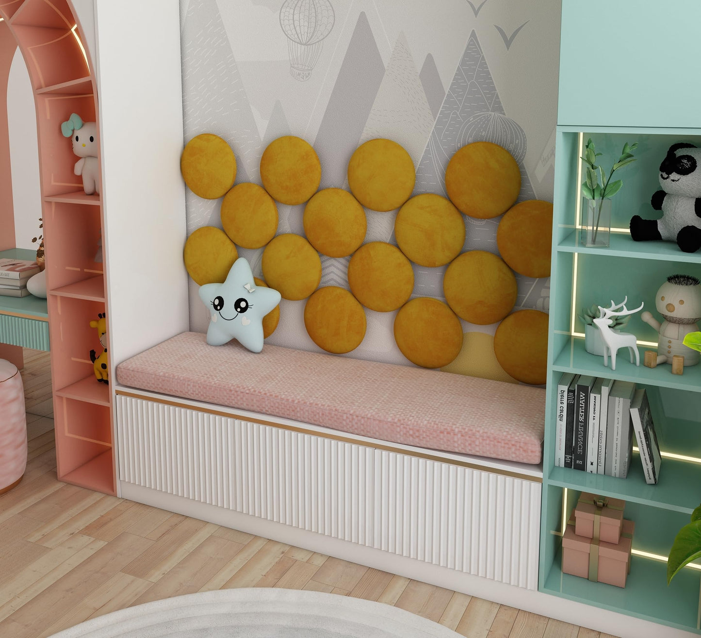 ua acoustics 4-Pack Soft Velour Upholstered Acoustic Wall Panels | Decorative Headboard Panels for Children's Room & Playroom | Cozy Wall Padding & Safety Railing | (Yellow, 4X Round (25x25cm))