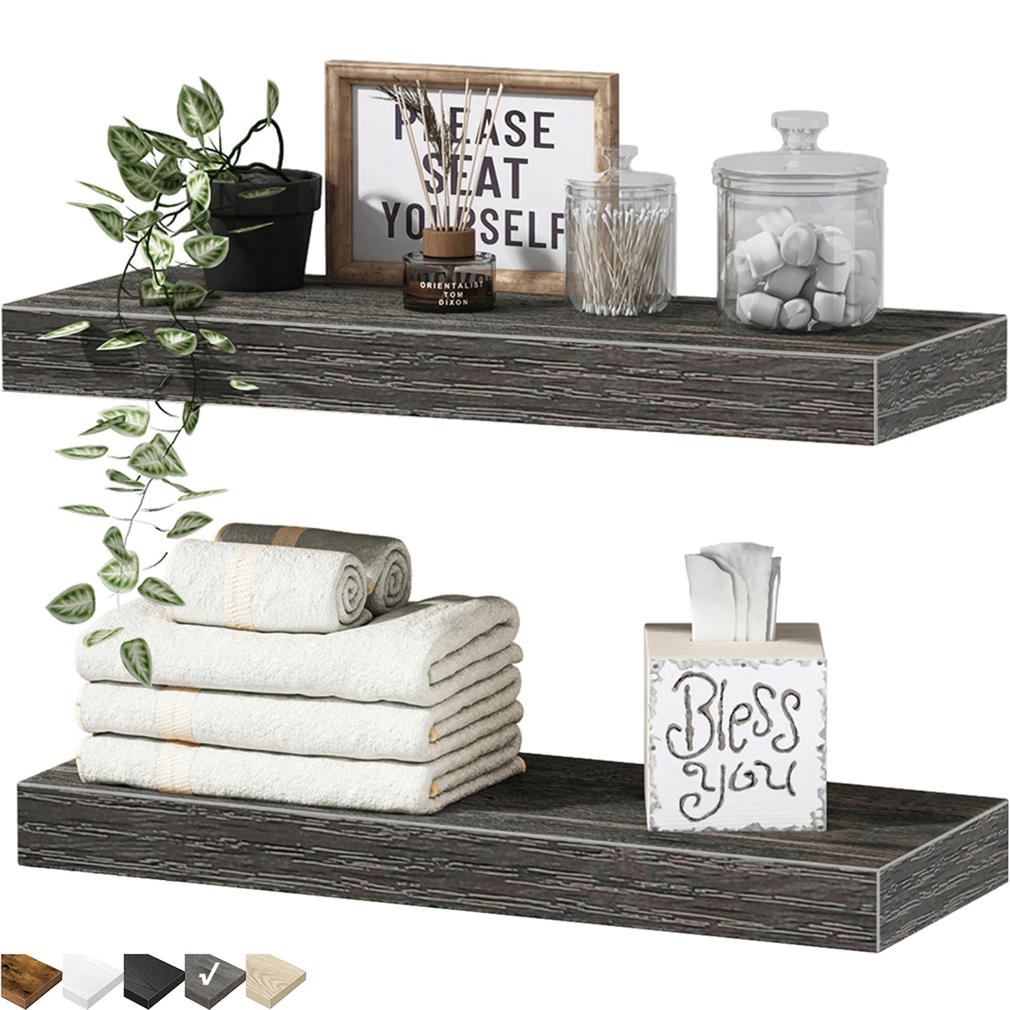 QEEIG Bathroom Floating Shelves for Wall - 15.7" Wall Mounted Shelf Over Toilet Farmhouse Home Decor Display Bookshelf Small 15.7 x 6.7 inch Set of 2, Grey (008-40GY)