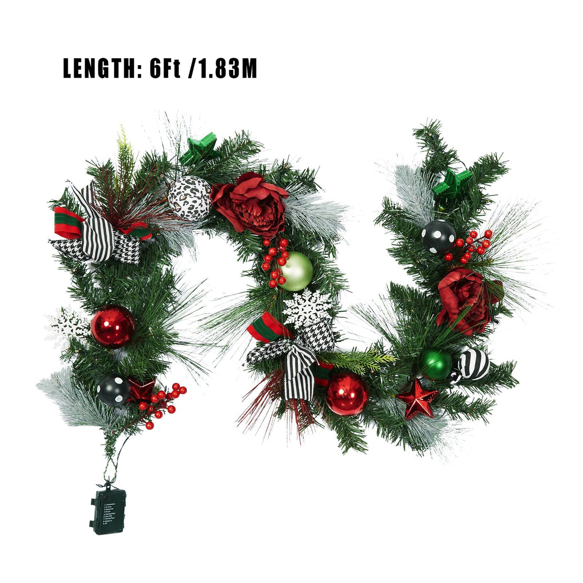Adeeing 6 FT Christmas Garland with Lights, Pre-lit Outdoor Garland with Battery Operated 20 LED Lights, Holiday Garland with Stars, Flower, Berry Branches(Red and Green)