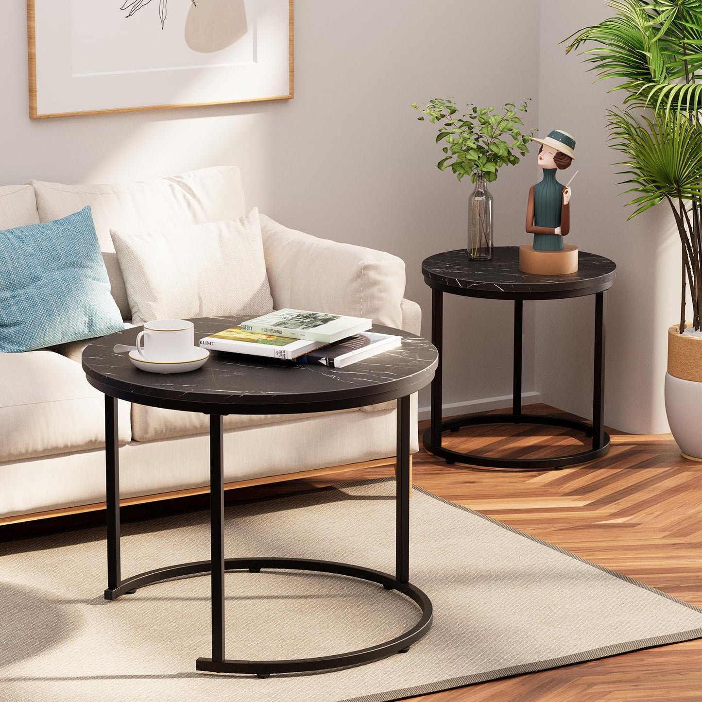 aboxoo Round Nesting Coffee Table Side Set of 2 End Tables for Living Room Bedroom Balcony,Black Faux Marble Wooden Table 23.6IN Accent Large Coffee Table with Steel Frame