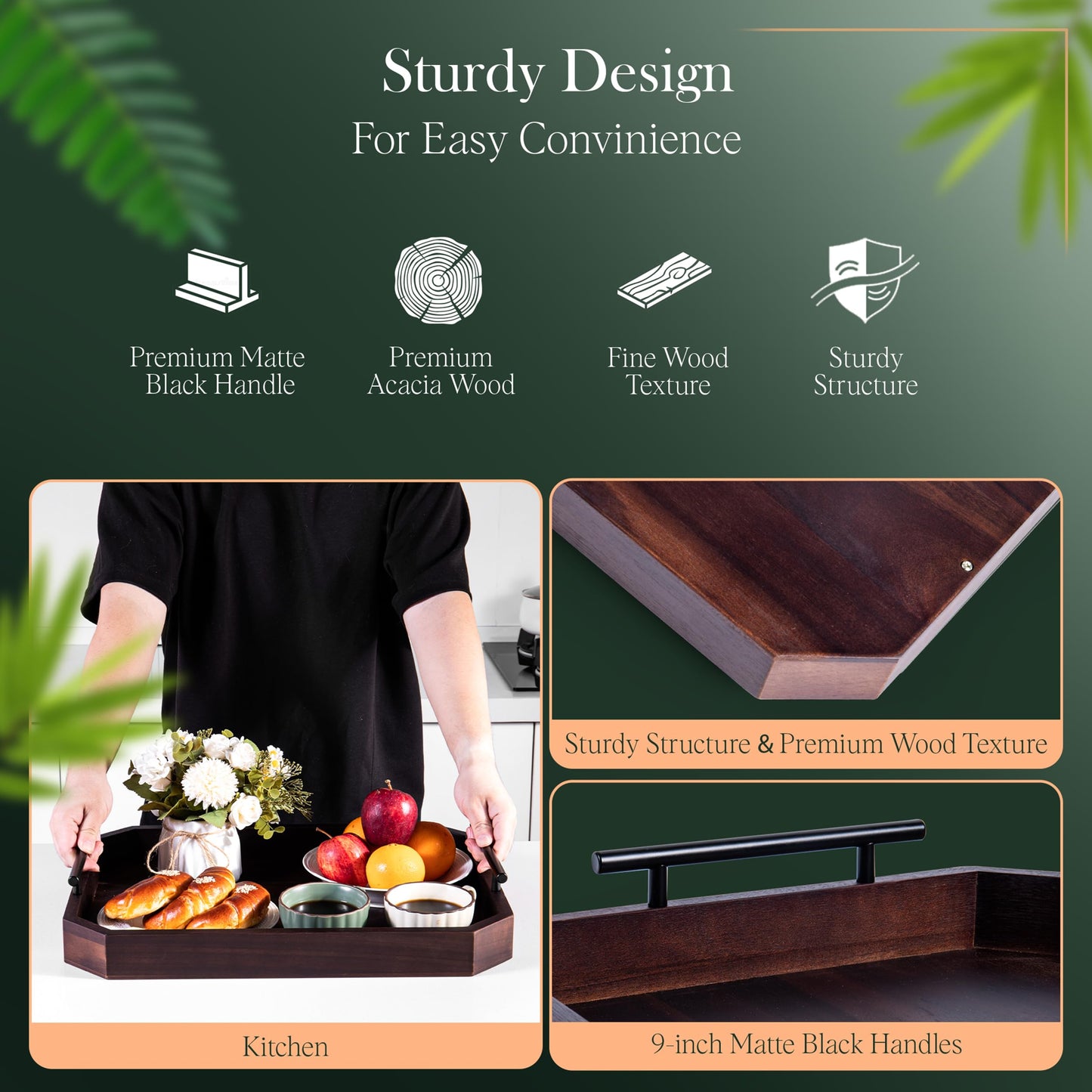 Hauzlen Large Square Ottoman Tray with Built-in Handles – Accacia Wood Serving Tray for Living Room, Coffee Table, Dinning, Kitchen, Patio, Party | Rustic Decorative Storage Tray | 19" x 15" x 2"