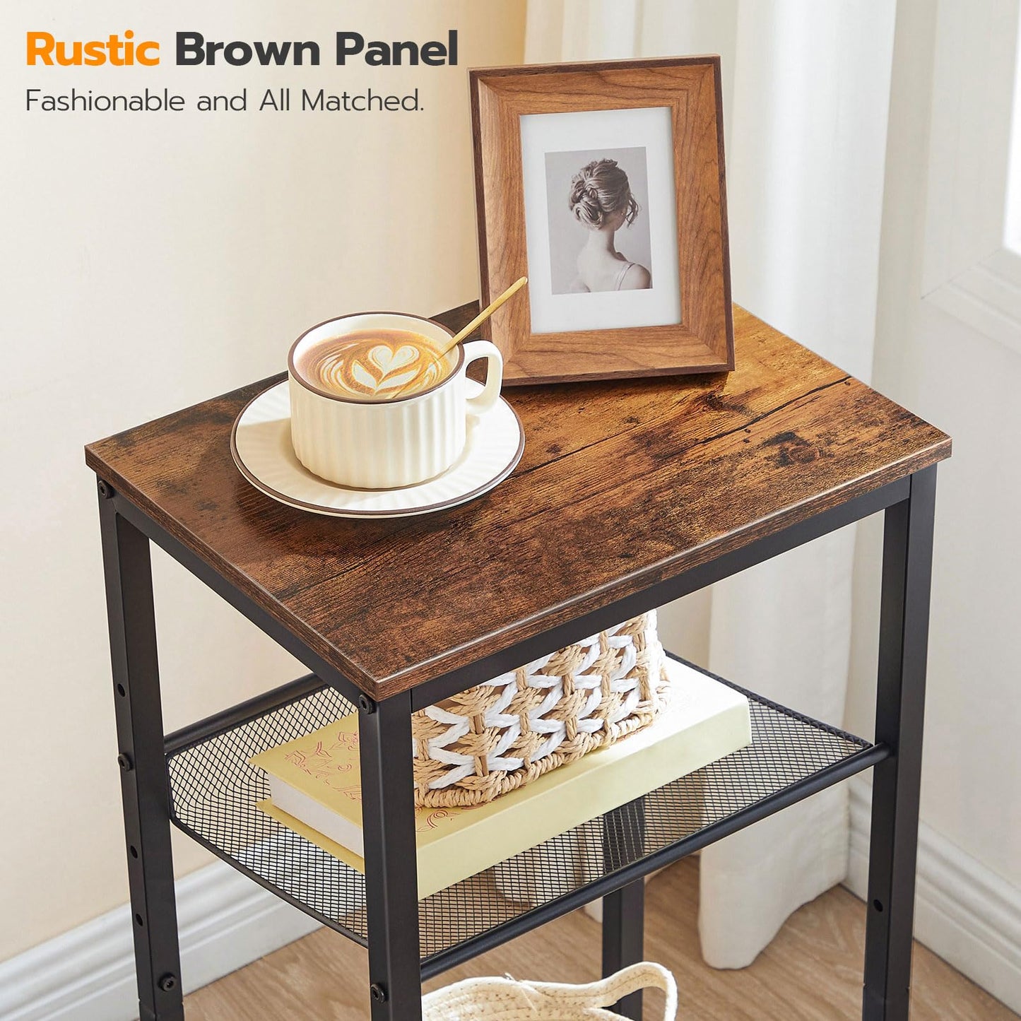 HOOBRO Side Table, 3-Tier Tall End Telephone Table with Adjustable Mesh Shelves, Small Entry Table for Living Room Bedroom Hallway or Office, Rustic Brown and Black BF01DH01G1