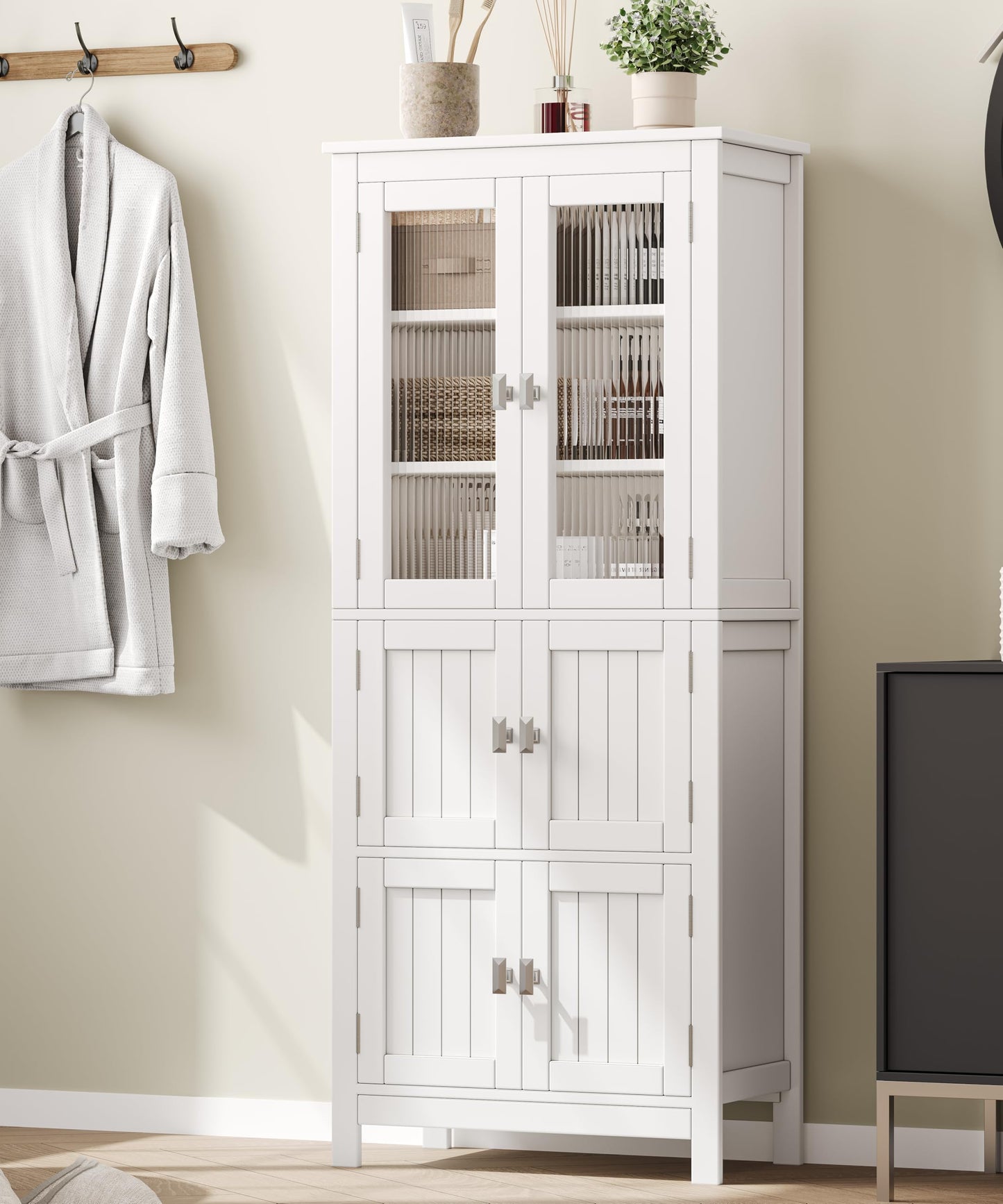 Akxomel 53.1" H Tall Bathroom Storage Cabinet, Bathroom Floor Cabinet with 6 Doors and Adjustable Shlef, Linen Cabinet, Pantry Cabinet for Living Room, Kitchen, Entryway, White