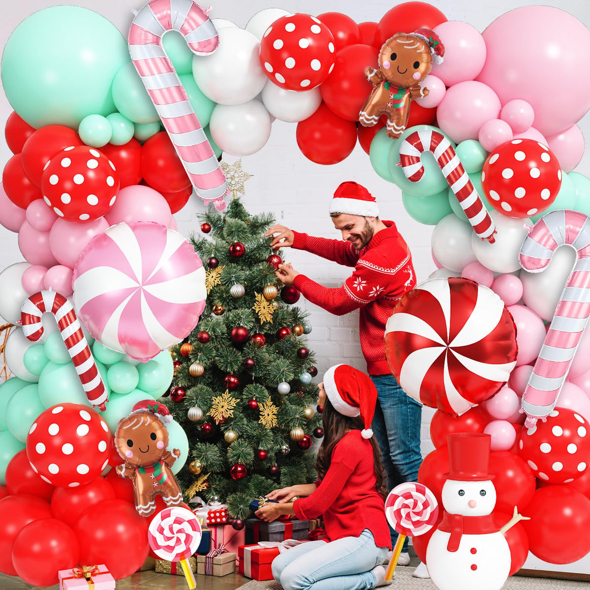 Christmas Balloons Arch Xmas 132PCS Red Pink Green White Balloons Garland for Gingerbread Party Decorations with Cane Foil Balloons Lollipop Candy Balloon New Year Cookie Exchange Decor