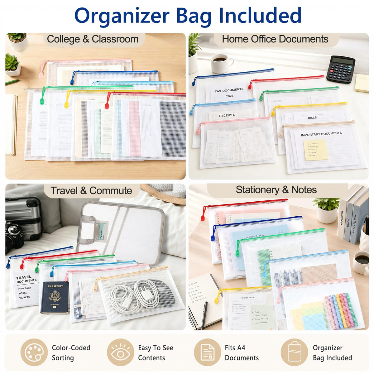 ROYPACK 7 Pack PVC Mesh Zipper Pouch Set with 1 Organizer Bag A4/Letter Size Translucent File Bags Water-Resistant Plastic Document Pouches for Office College School & Travel Supplies (8pcs)