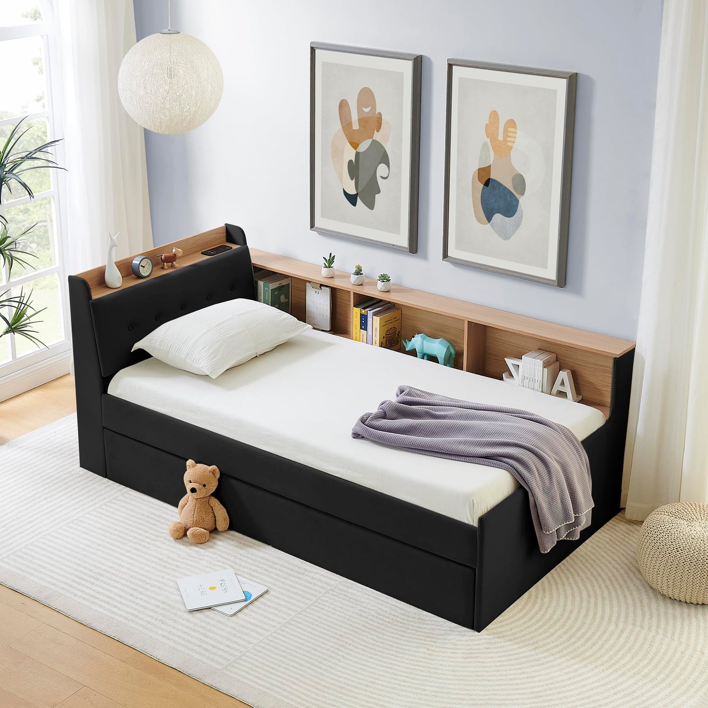 Twin Size Upholstery Velvet Height Adjustable Day Bed with Storage Headboard and Wireless Charging, Multi-Functional Daybed with Trundle Bed & LED Lights, Black