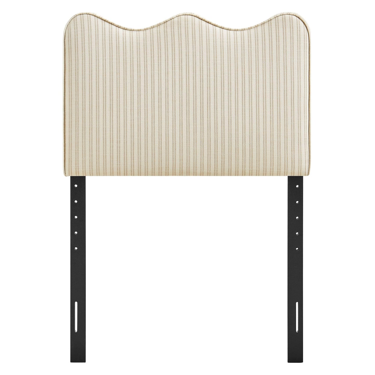 Monday Athena Striped Fabric Upholstered Twin Size Adjustable Headboard in Oatmeal Stripe - with Scalloped Wave Design and Soft Linen-Like Fabric