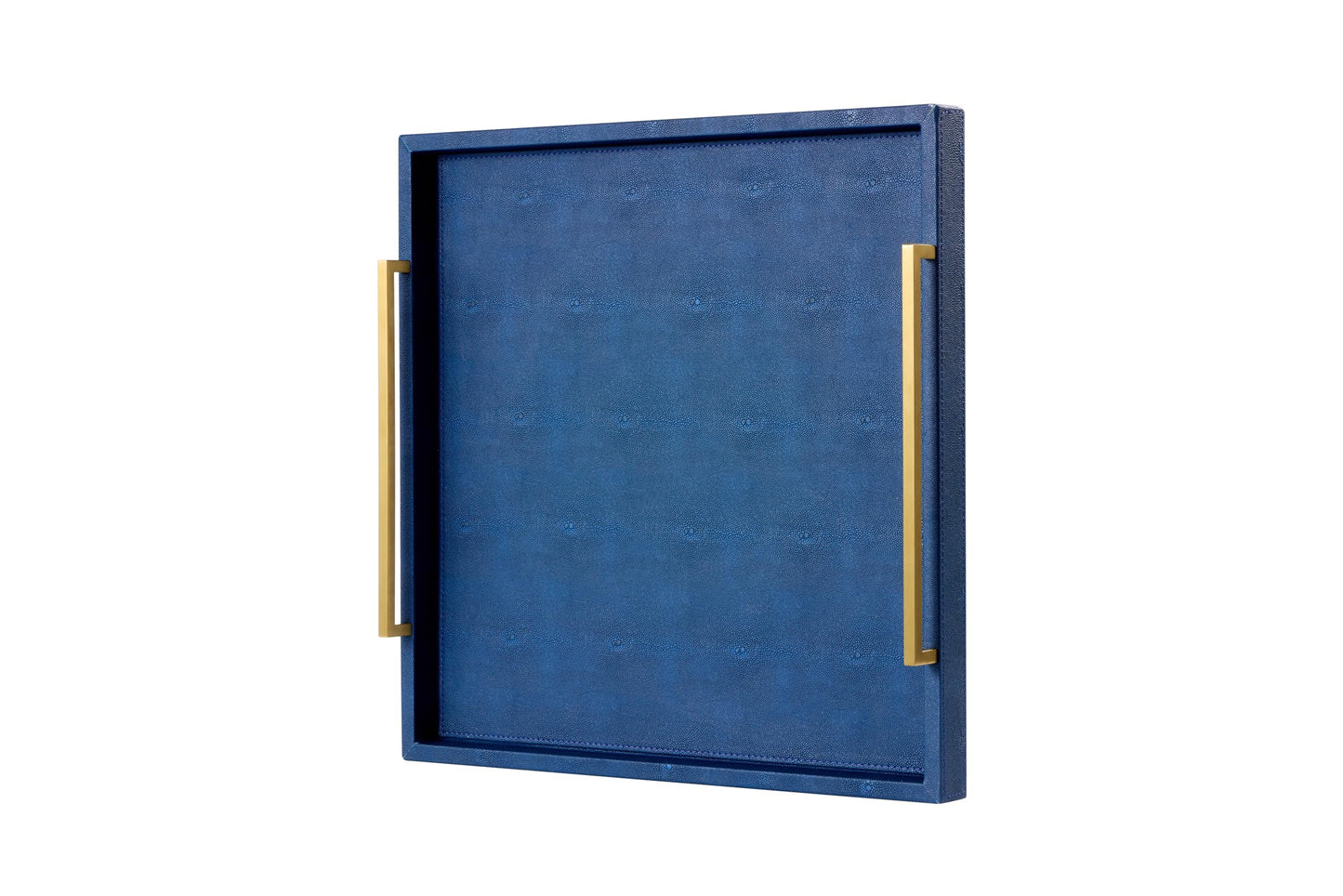 24"x24" Oversized Square Ottoman Tray for Living Room, Extra Large Navy Blue Shagreen Leather Decorative Tray for Coffee Table,Wooden Serving Trays for Dinner Party (navyblue-Gold Handle, 24")