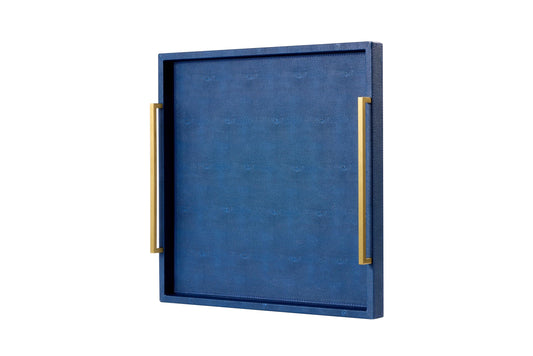 24"x24" Oversized Square Ottoman Tray for Living Room, Extra Large Navy Blue Shagreen Leather Decorative Tray for Coffee Table,Wooden Serving Trays for Dinner Party (navyblue-Gold Handle, 24")