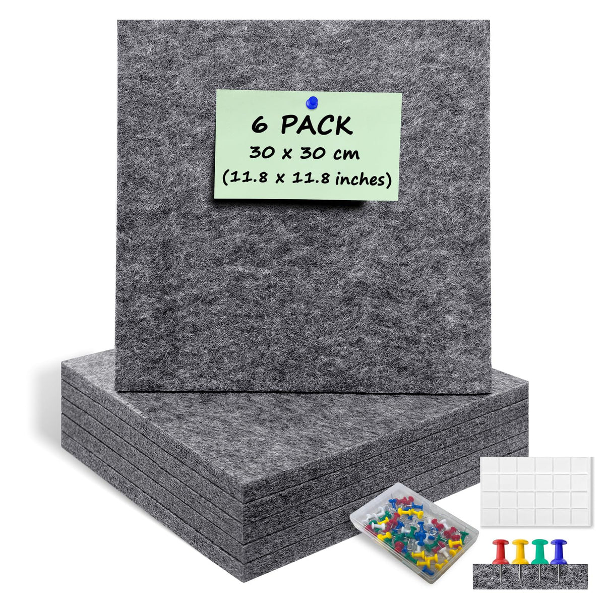 ANLIOTE 6 Pack Felt Bulletin Cork Board Tiles for Wall, 1/2" Thick Self Adhesive Pinboard Squares with 60 Pushpins, Felt Panels Wall Organizer for Photos, Pictures, Memos (11.8"x11.8"- Dark Grey)