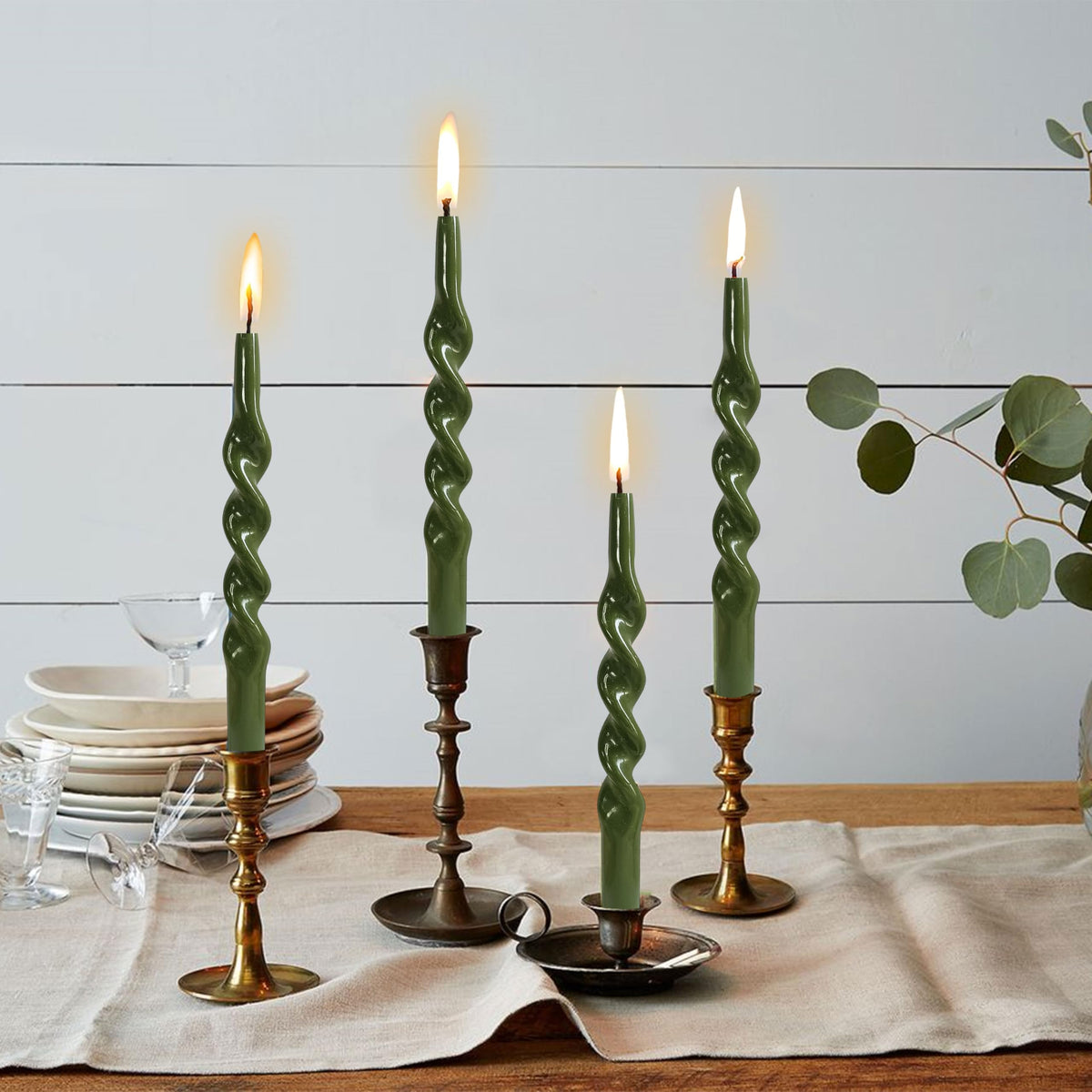 10 Inches Spiral Taper Candles Sticks Olive Green Twisted Candle Dripless Unscented Long Candles, Handmade Candlesticks for Wedding Dinner Decor, Set of 4