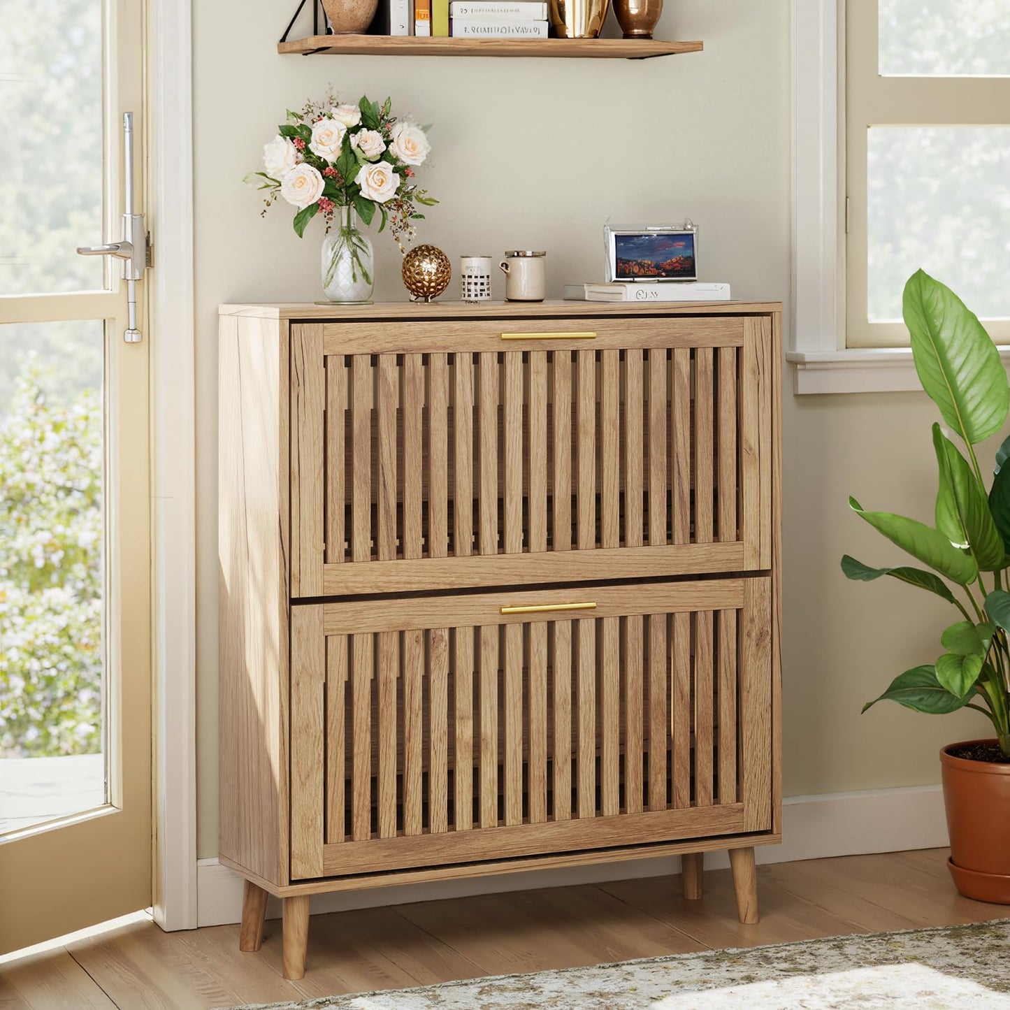 Smart FENDEE Shoe Storage Cabinet with 2 Flip Slatted Drawers, Narrow Freestanding Shoe Cabinet with Gold Handle, Hidden Entryway Shoe Organizer for Hallway, Foyer, Natural