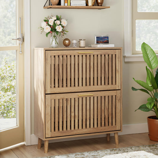 Smart FENDEE Shoe Storage Cabinet with 2 Flip Slatted Drawers, Narrow Freestanding Shoe Cabinet with Gold Handle, Hidden Entryway Shoe Organizer for Hallway, Foyer, Natural