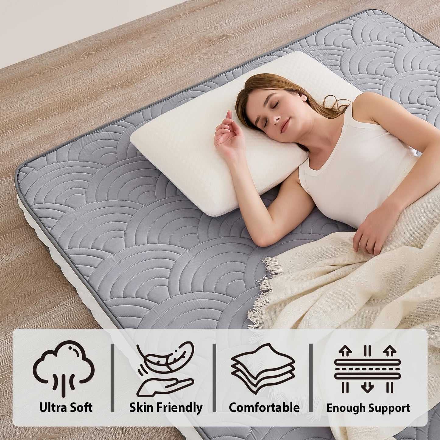 Zelladorra Japanese Floor Mattress, Quilted Futon Mattress with Anti-Slip Bottom, Foldable Floor Bed with Storage Bag and Straps, (Light Grey, Queen)