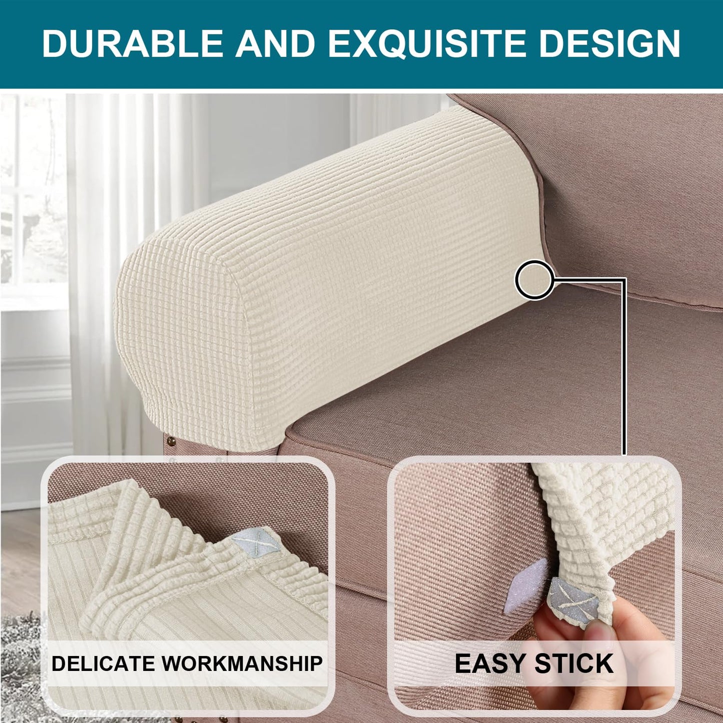 Turquoize Stretch Armrest Covers for Chairs and Sofas Couch Arm Covers for Sofa Spandex Jacquard Armrest Cover Anti-Slip Furniture Protector Armchair Slipcovers for Recliner Set of 2, Cream