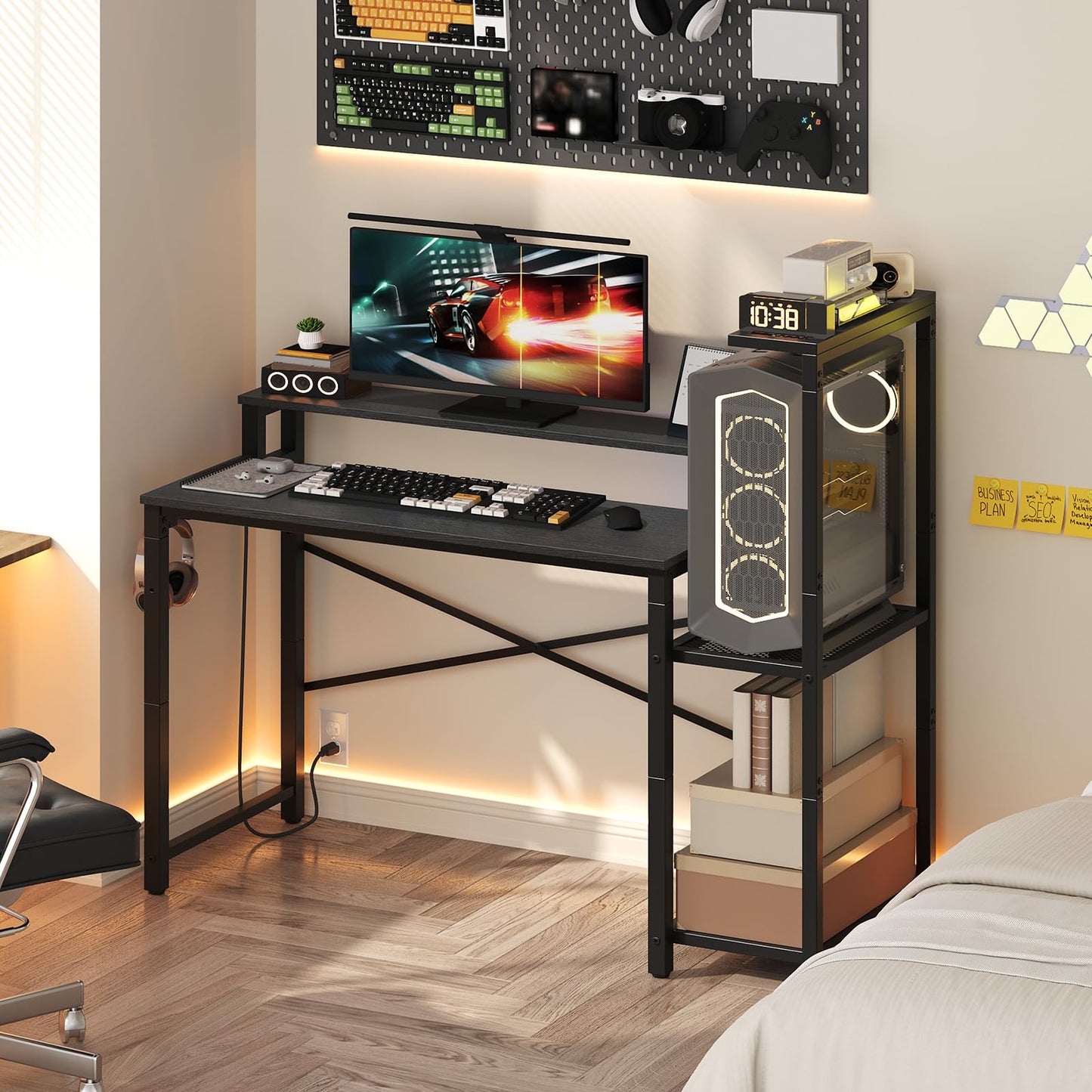 YATINEY Small Computer Desk with LED Light and Power Outlet, Small Gaming Desk with Monitor Stand, Reversible Game Table with 2 Side Hooks, Home Office Desk for Living Room, Bedroom, Black DN06UDBB