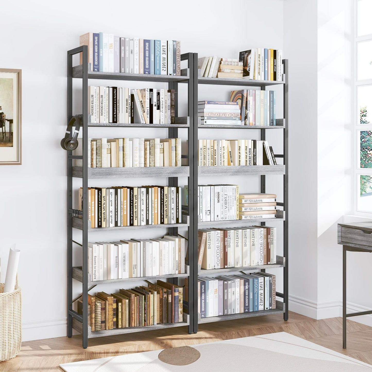 HCHQHS 6 Tier Bookshelf, Adjustable Industrial Bookcase, Vertical Tall Book Shelf, Wood and Black Metal Open Bookshelves for Home Office, Living Room, Bedroom