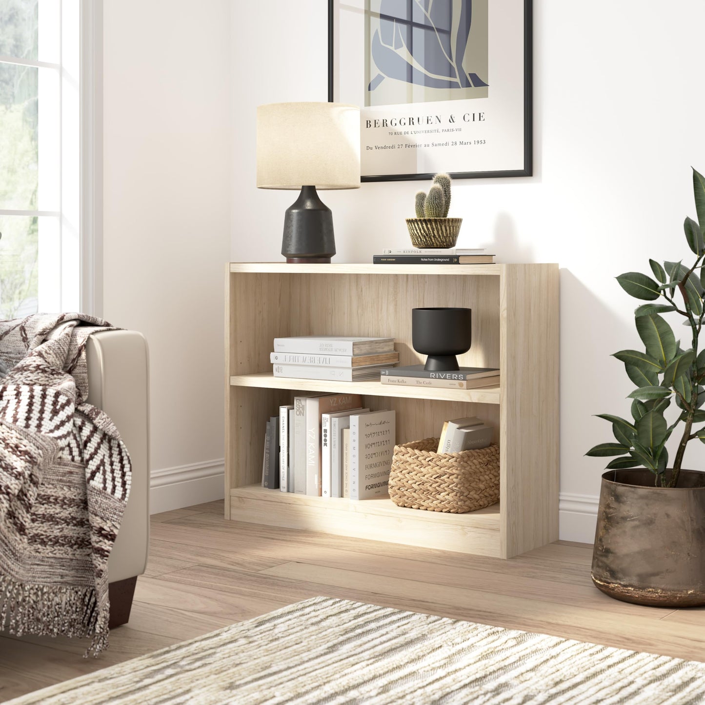 Bush Home Small 2 Shelf Bookcase, 2 Tier Bookshelf Storage Cabinet with Adjustable Shelf for Living Room, Bedroom or Home Office, Universal Collection, Natural Elm