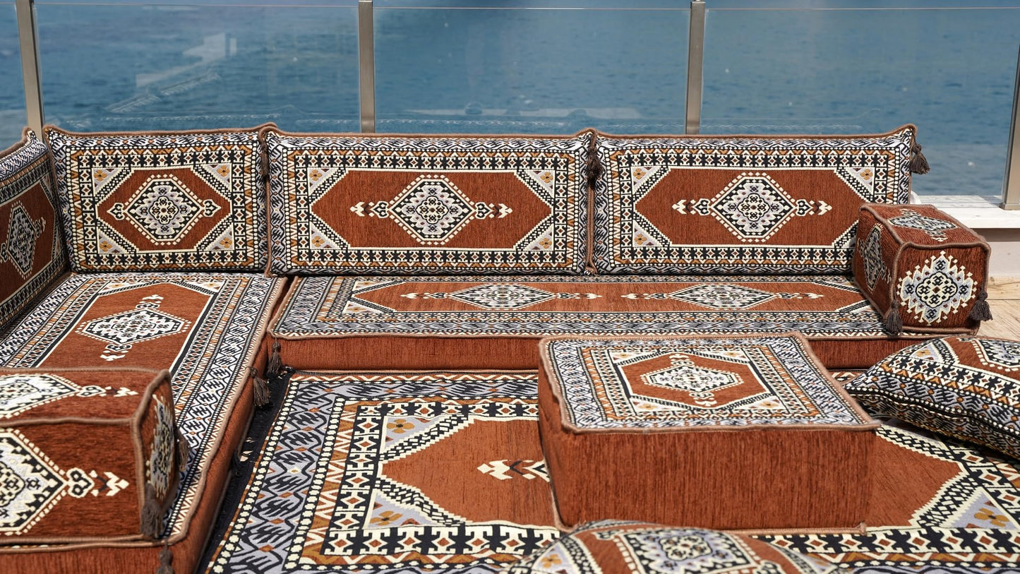 L Shaped Arabic Floor Cushions, Sectional Sofas, Arabic Majlis Set, Custom Made Sofa, Arabic Sofa Set, Seating Cushions (4'' Thickness Sofa, L Sofa Full Set, Brown)