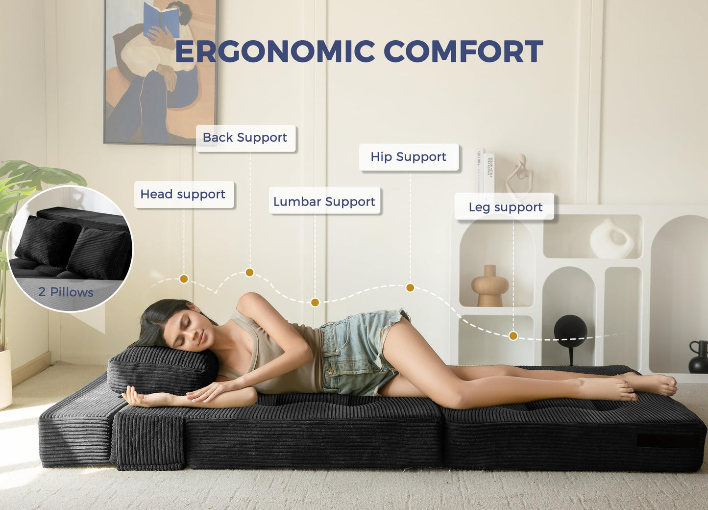 MAXYOYO Convertible Sofa Bed, Fold Out Sofa Couch with Pillow, 4 in 1 Tufted Folding Couch Bed Foam Floor Couch, Lazy Chair for Living Room Bedroom Guest Room, Black