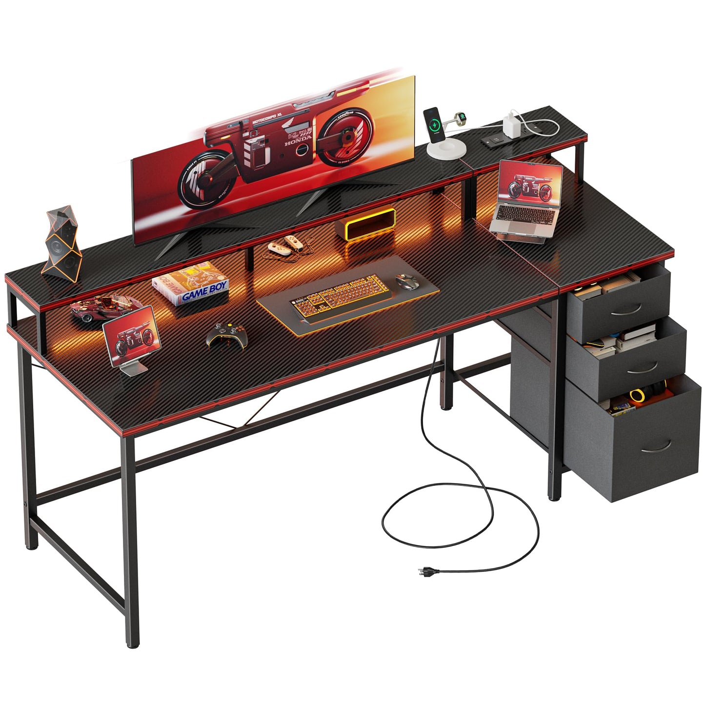 Mericonia 63 inch Computer Desk with Storage Drawers & Monitor Stand, Reversible Gaming Desk with LED Lights & Power Outlets, Large Gaming Table for Home Office