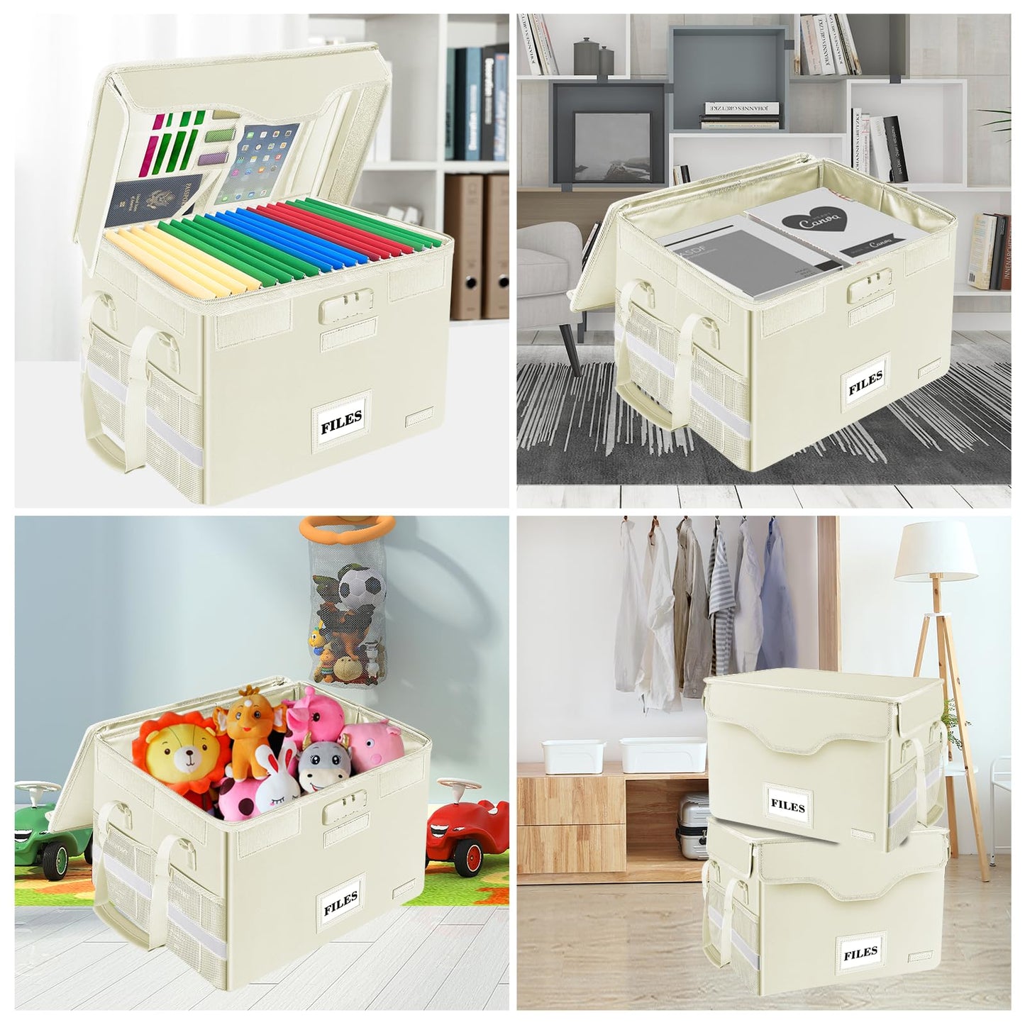 DocSafe Fireproof Document Box with Lock,File Storage Organizer with Zipper Pockets,Collapsible Portable File Box Home Office Safe Filing Cabinet with Handle for Hanging Letter/Legal Folders,Beige